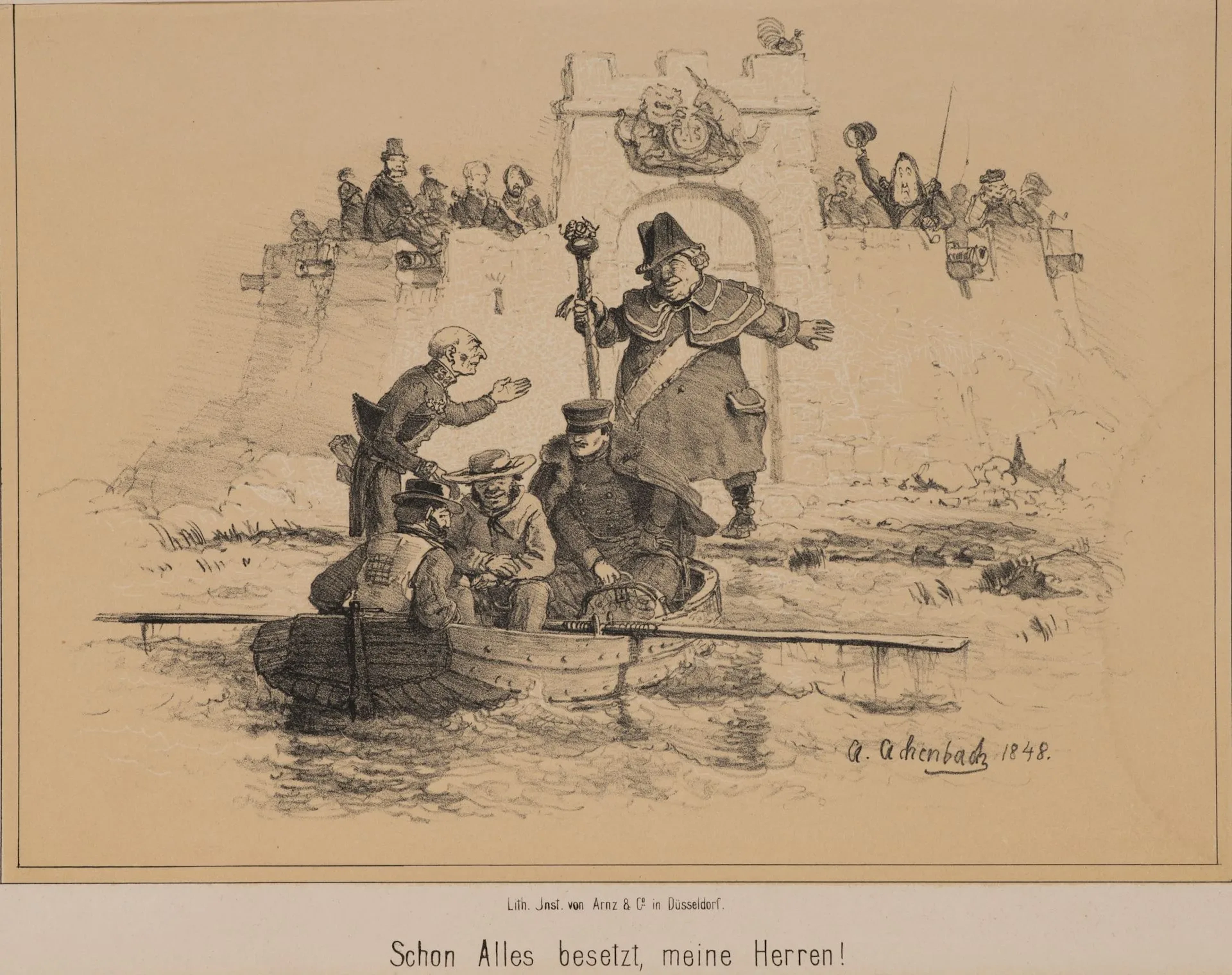 A. ACHENBACH (*1815), “It’s all taken, gentlemen!” Caricature, 1848