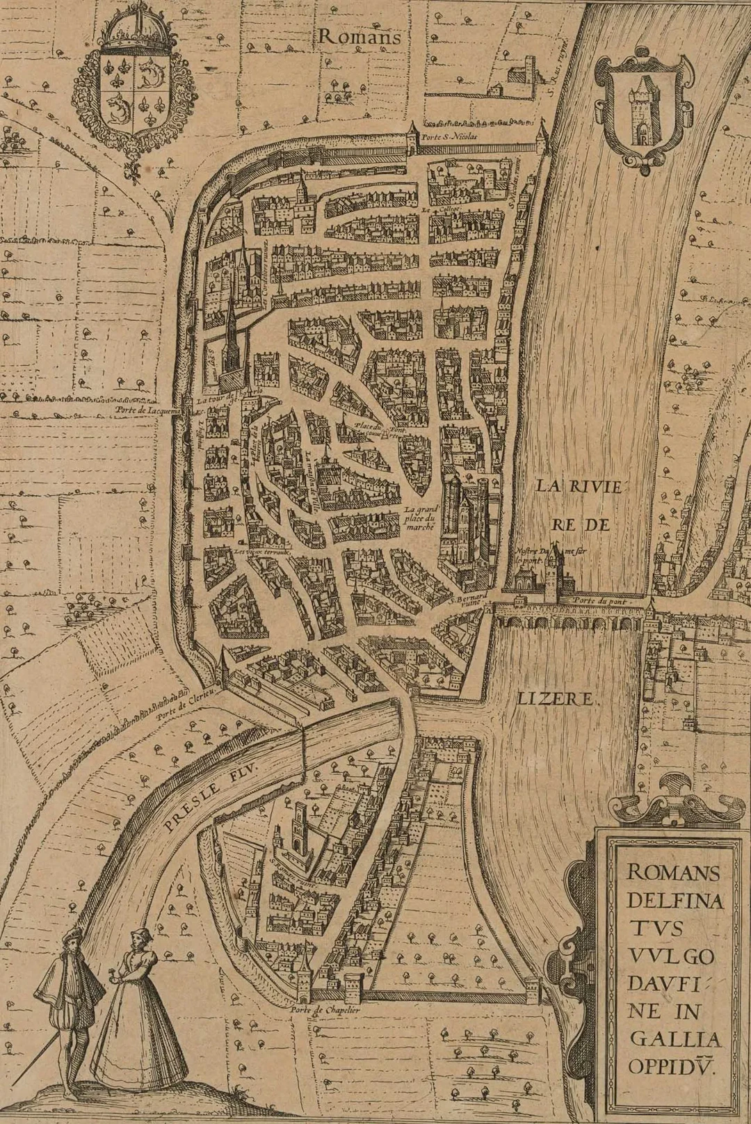 F. HOGENBERG (*1540), Map of Romans-sur-Isère, 1581, Etching Franz