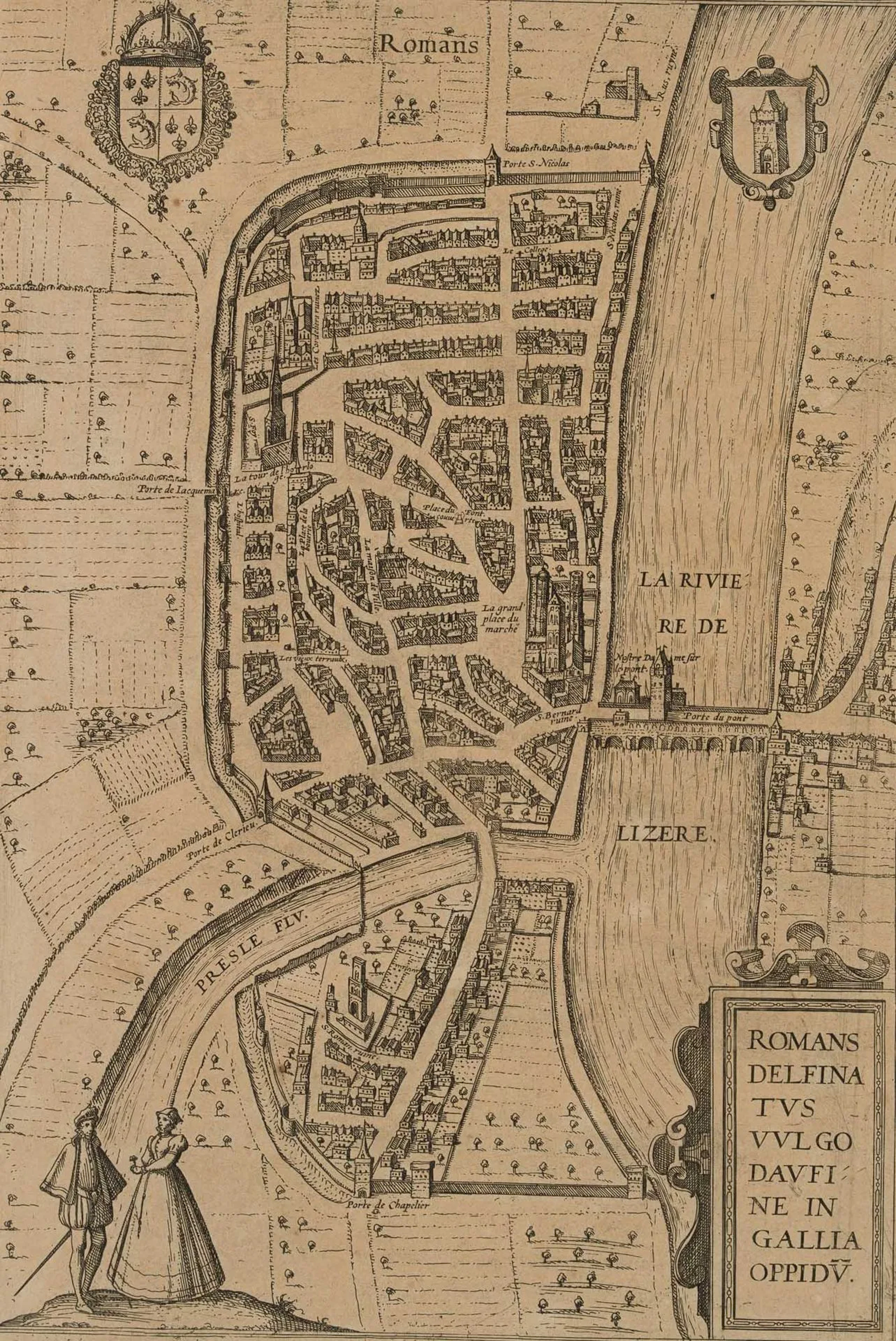 F. HOGENBERG (*1540), Map of Romans-sur-Isère, 1581, Etching Franz