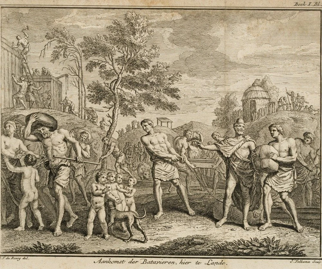 J. FOLKEMA (*1692) after BOURG (*1693), The Arrival of the Batavians