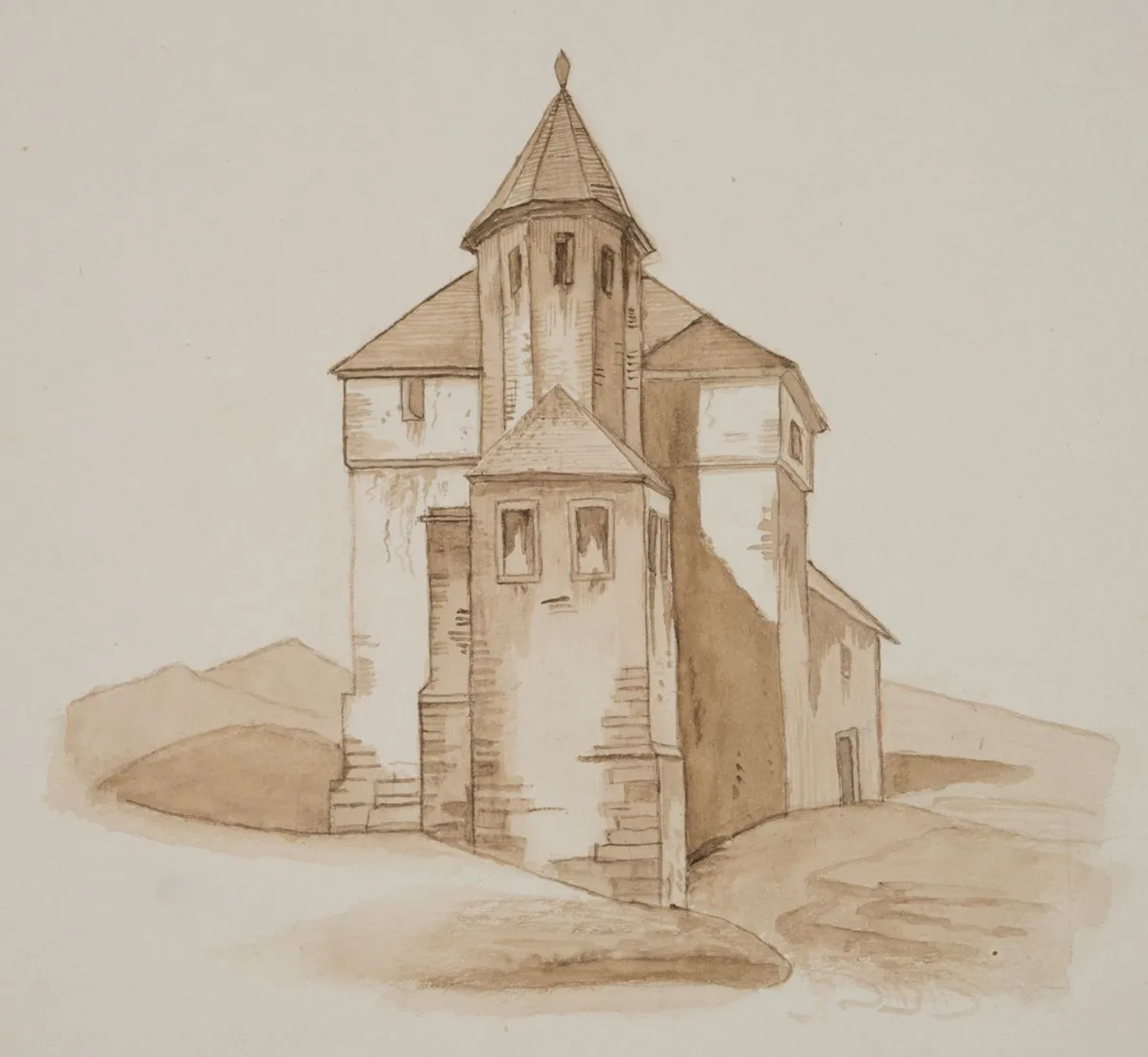 Unknown (19th century), Study of a farmstead, page, ca. 1872, brush