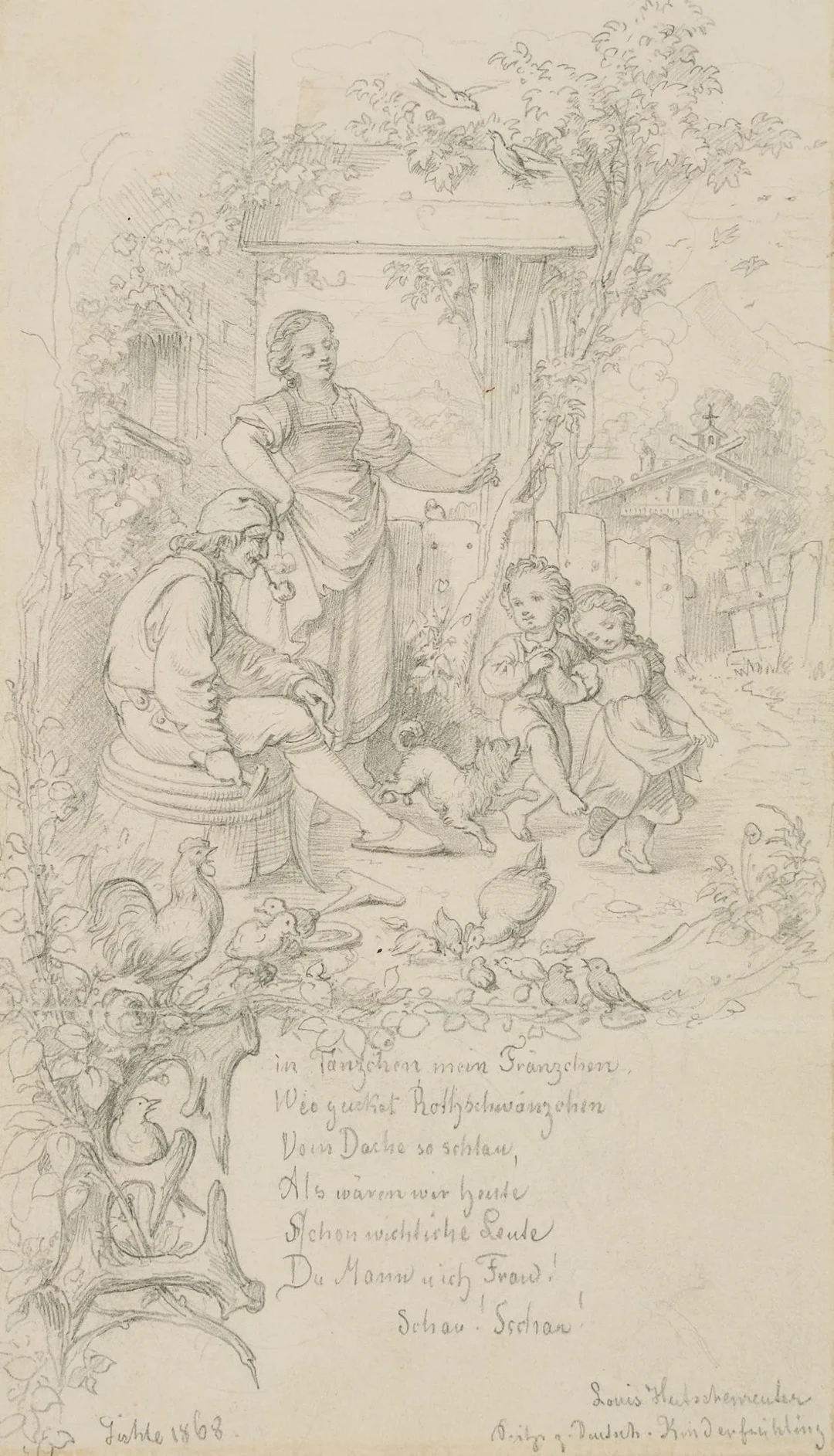 L. HUTSCHENREUTHER (*1842), A little dance, 1868, Pencil Louis Hutschenreuther