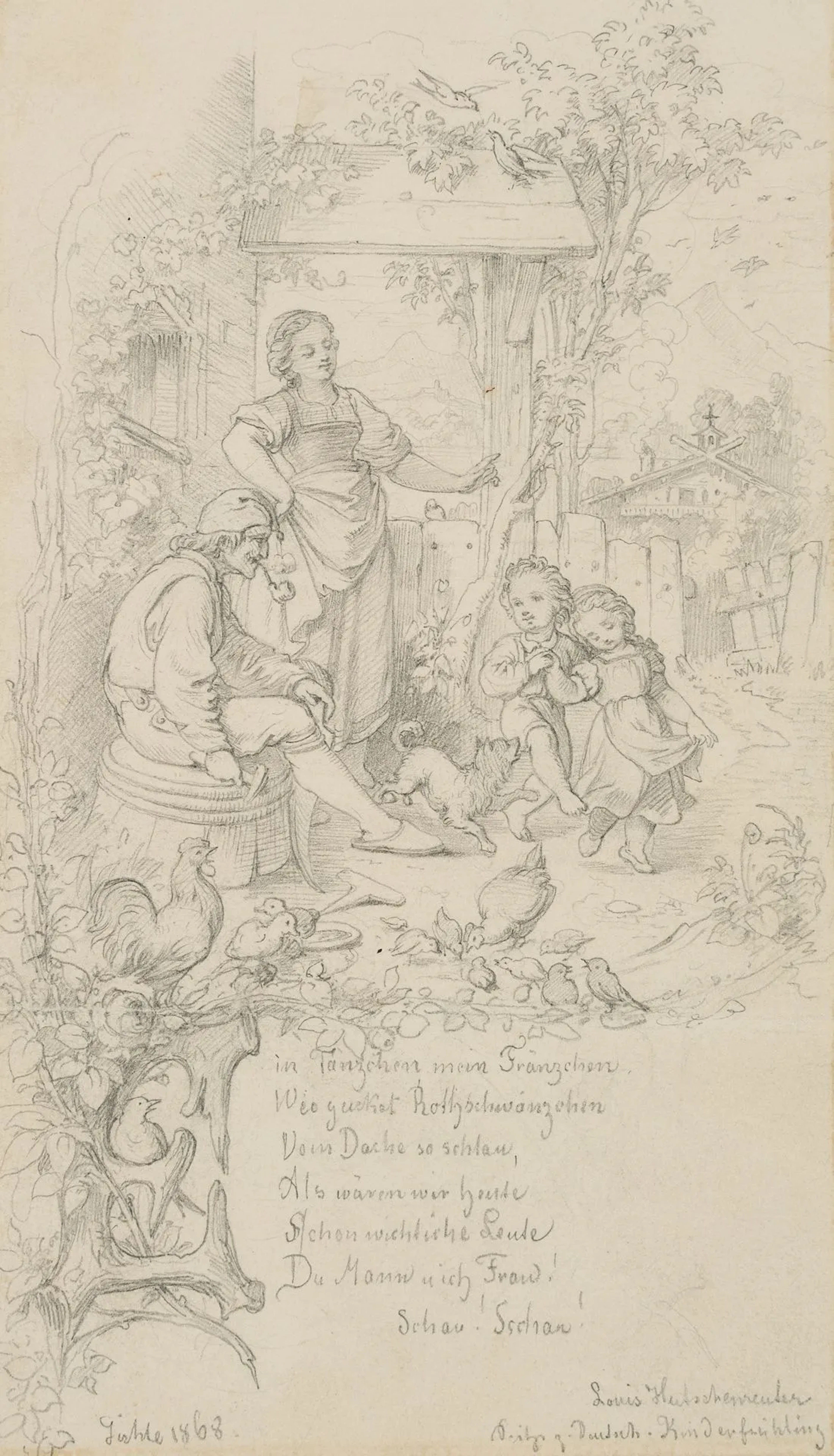 L. HUTSCHENREUTHER (*1842), A little dance, 1868, Pencil Louis Hutschenreuther