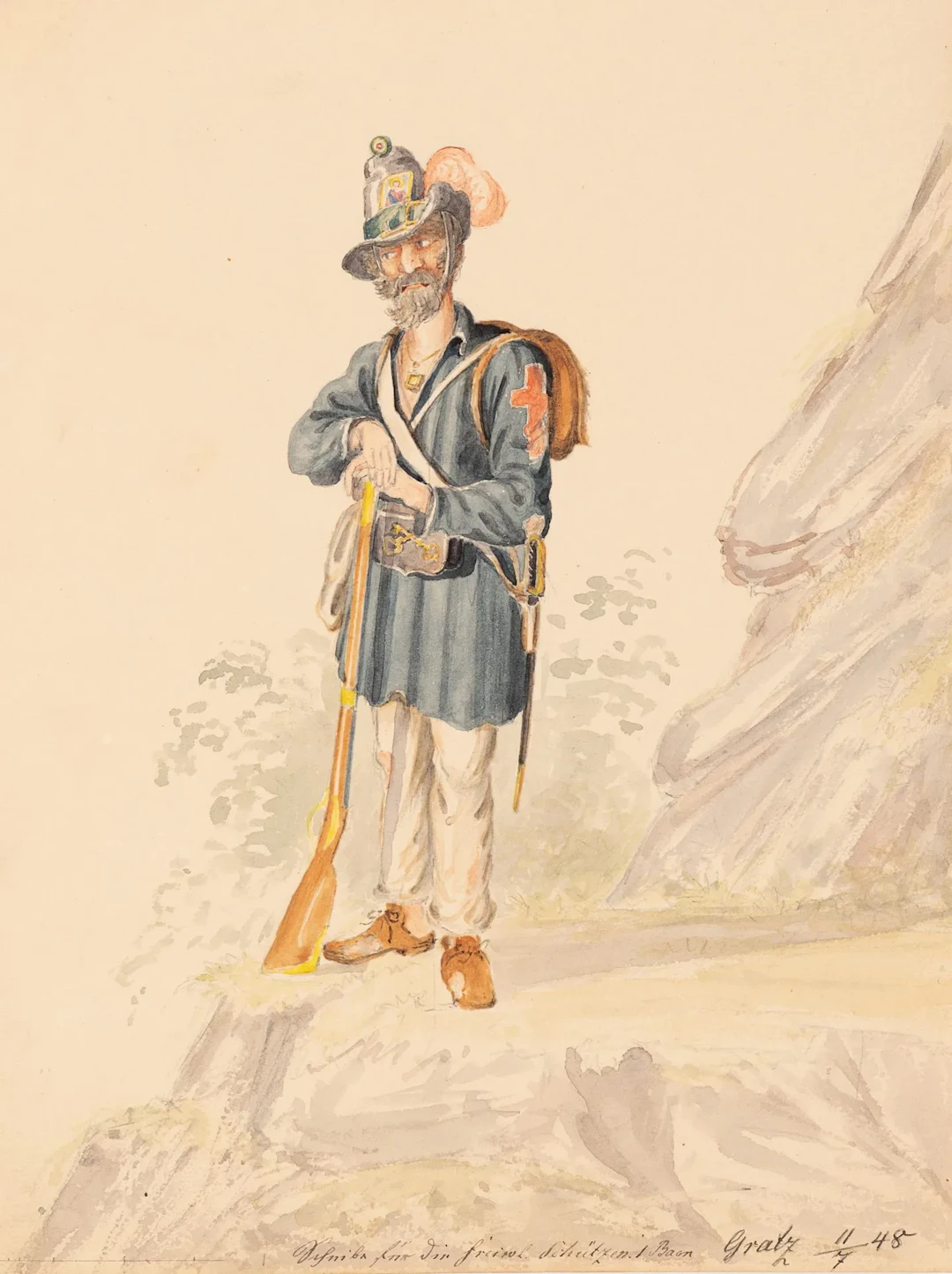 Unknown (19th century), Hunter on a Rock, 1848, Watercolor Unknown