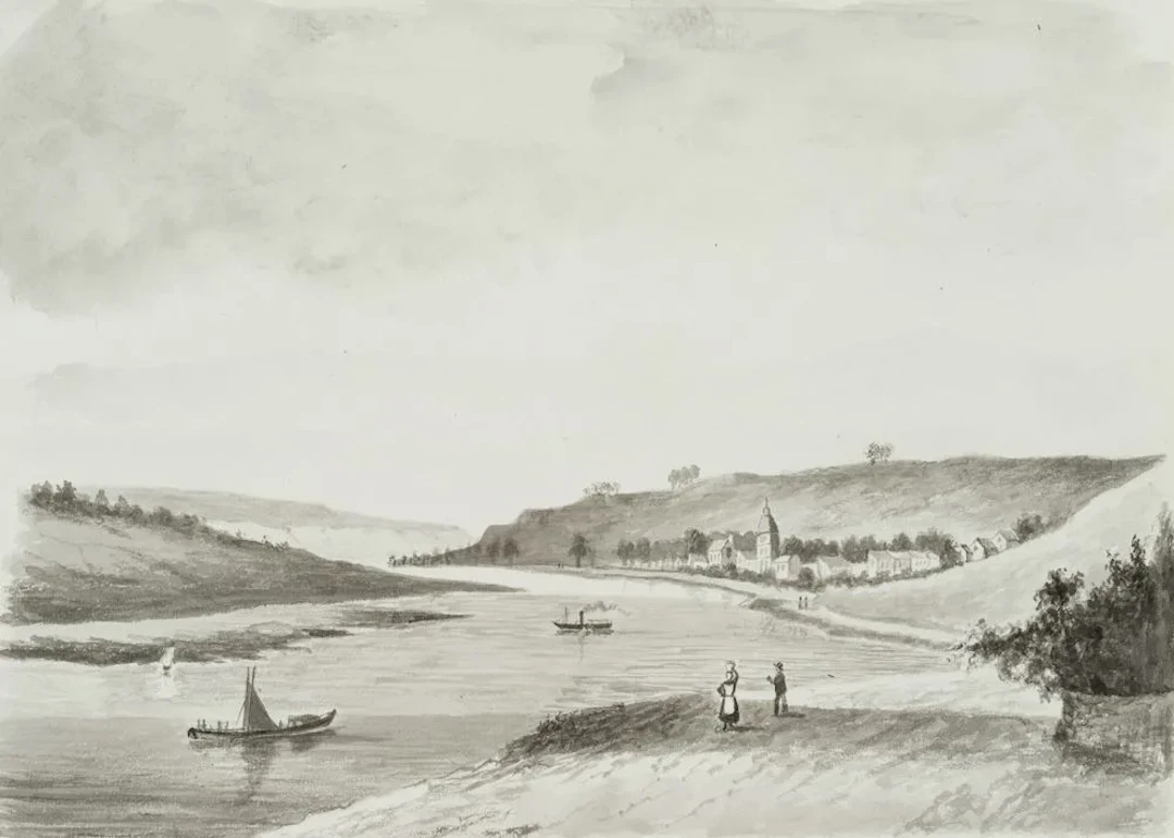 Unknown (19th), River landscape in a flat valley, Brush drawing Unknown
