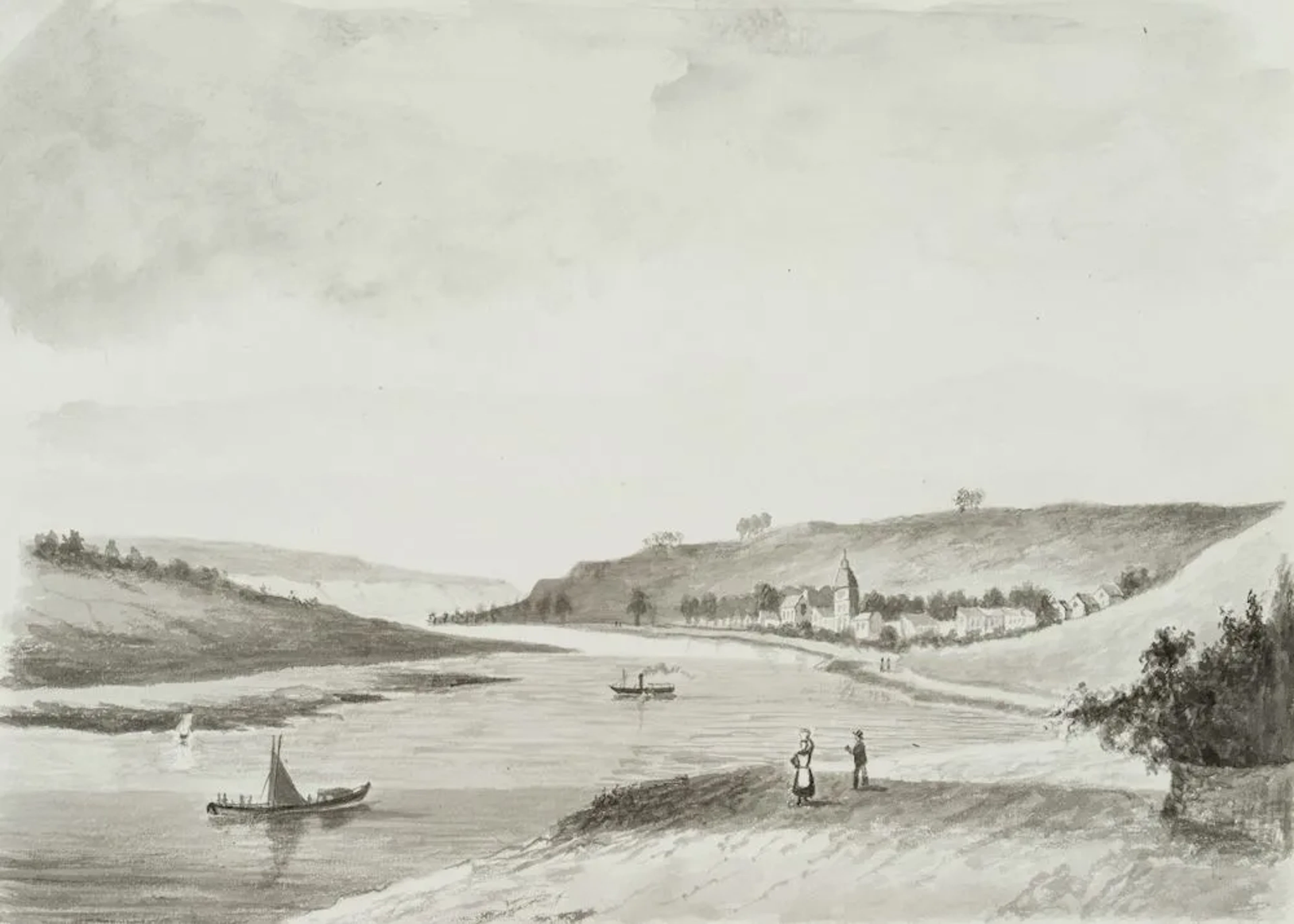 Unknown (19th), River landscape in a flat valley, Brush drawing Unknown
