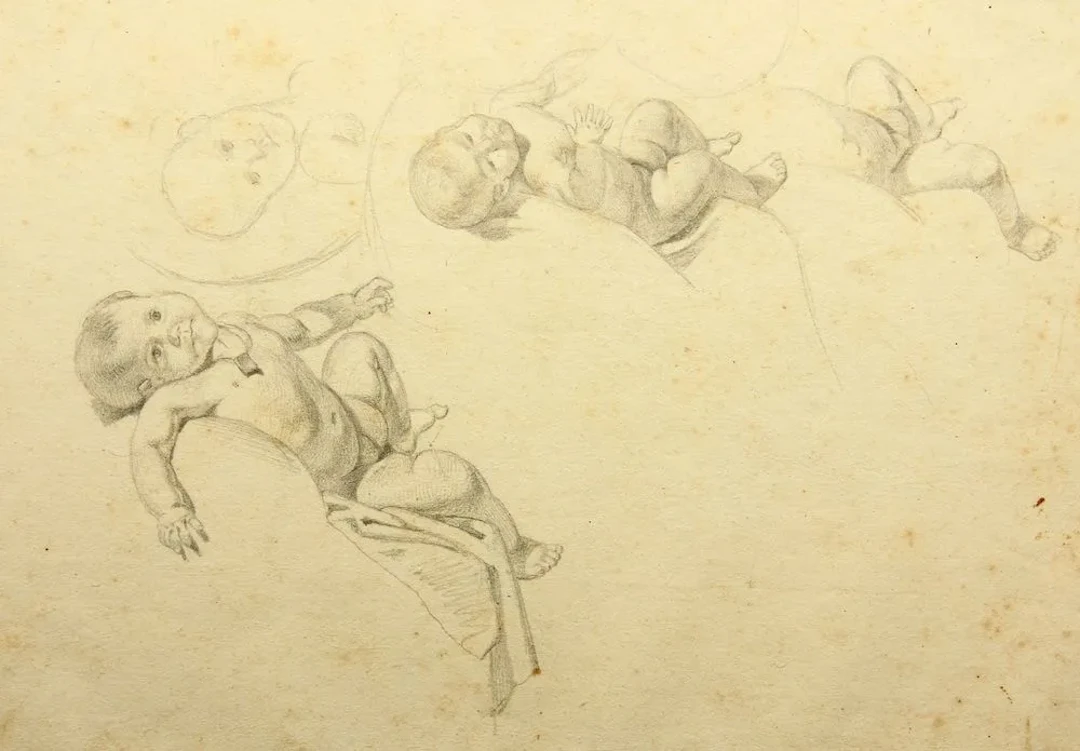 T. WELLER (1802–1880), Studies featuring a child lying down, Pencil