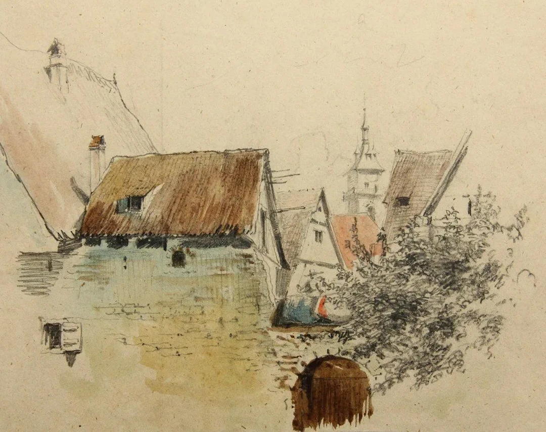 J. MAURER (1826–1887), A Village in Hesse with a Church Tower, Watercolor