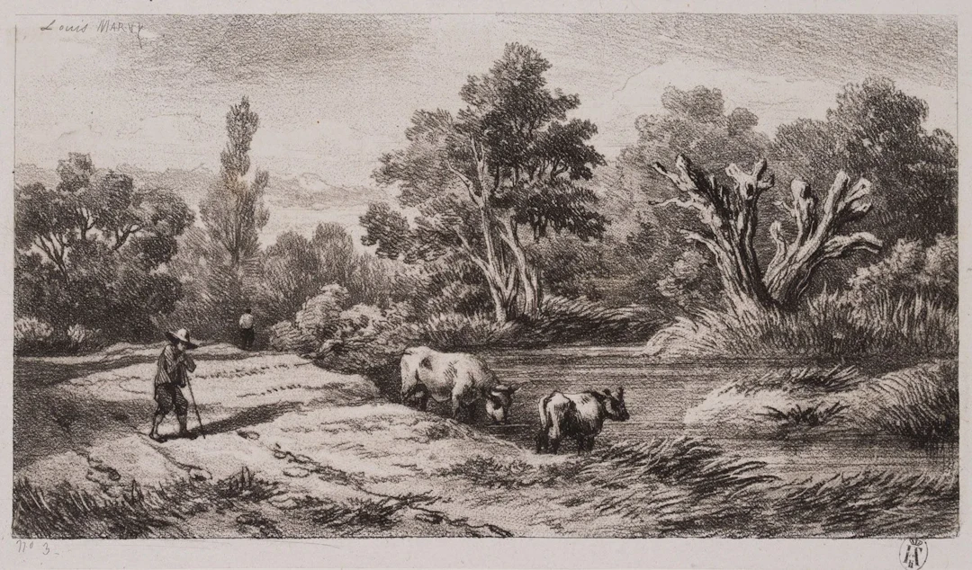 L. MARVY (19th century), Cattle at the watering hole by the river