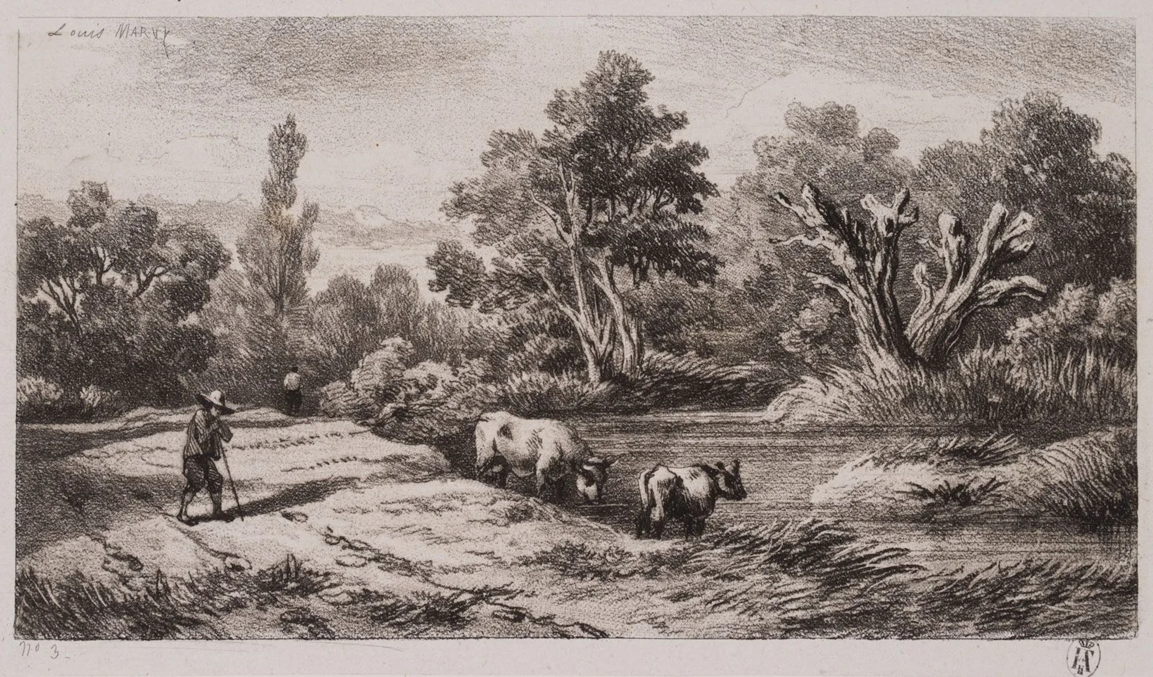 L. MARVY (19th century), Cattle at the watering hole by the river