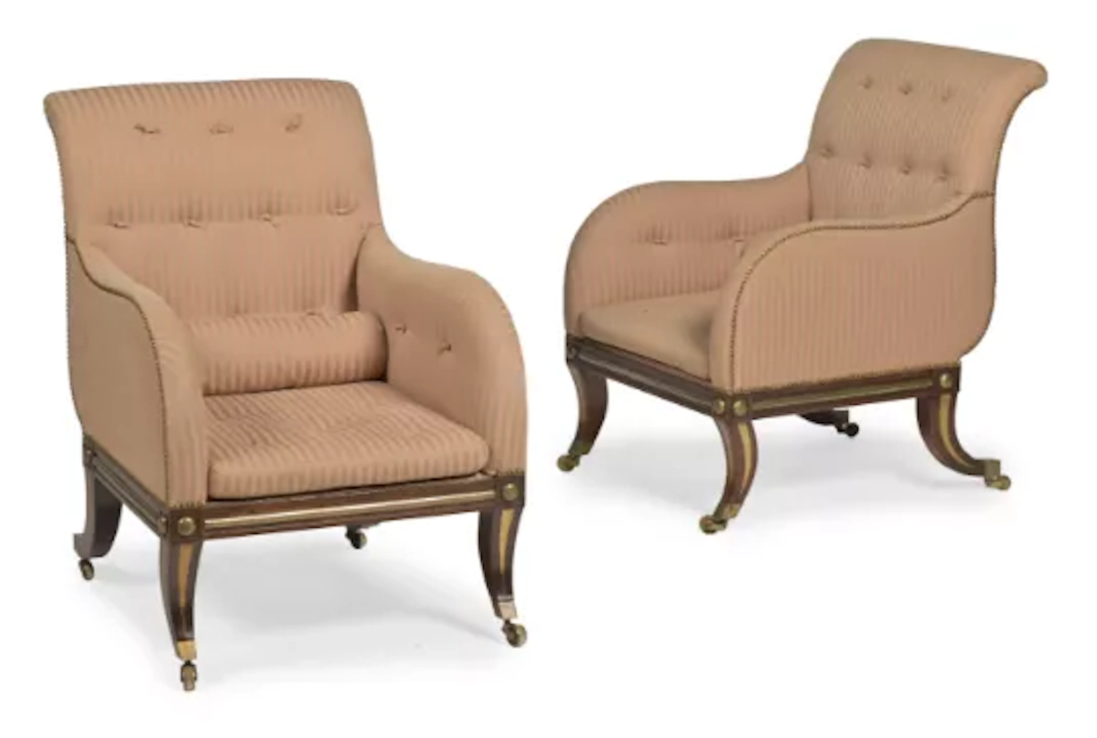 A PAIR OF GEORGE IV MAHOGANY AND BRASS MARQUETRY ARMCHAIRS, CIRCA 1825