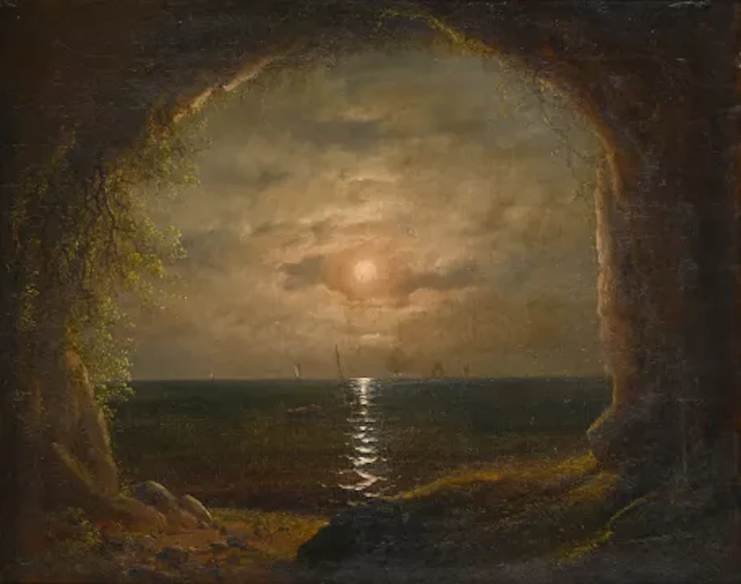 FOLLOWER OF JAMES FRANCIS DANBY, VIEW OF A MOONLIT SEA FROM THE MOUTH OF A CAVE
