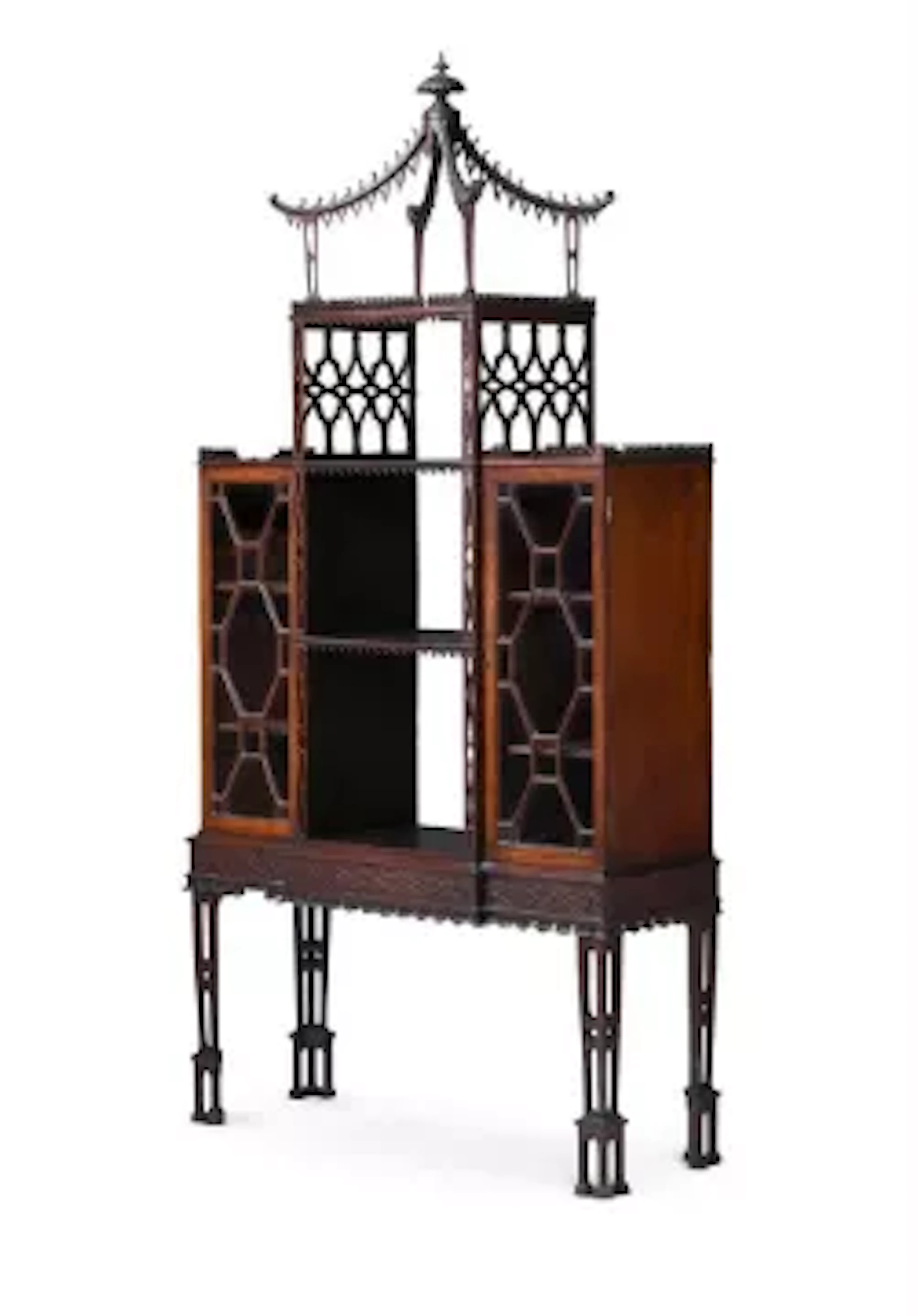 A GEORGE III MAHOGANY AND FRET CARVED DISPLAY CABINET ON STAND, CIRCA 1760