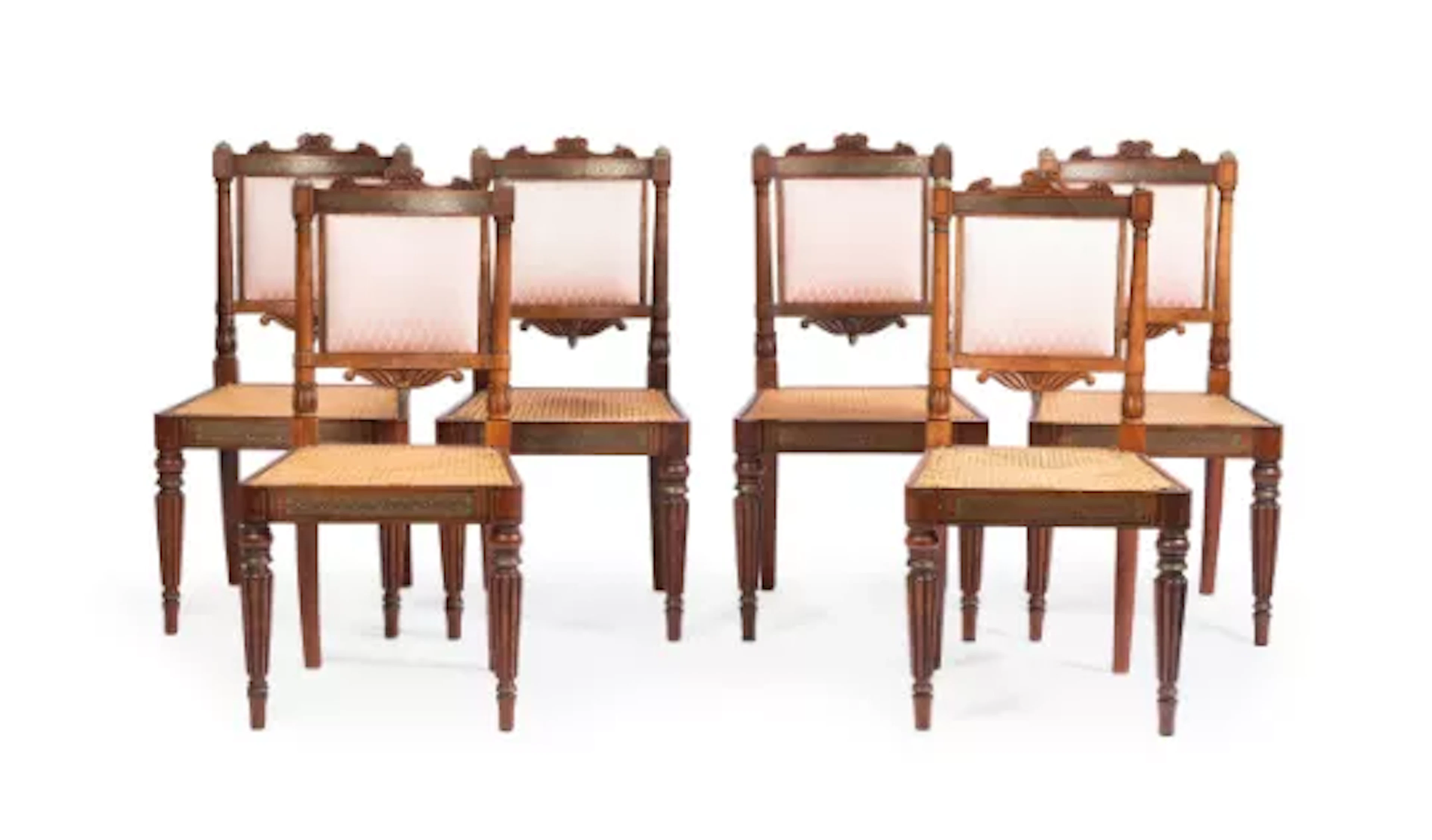 Y A SET OF SIX GEORGE IV ROSEWOOD AND BRASS MARQUETRY INLAID CHAIRS, CIRCA 1830
