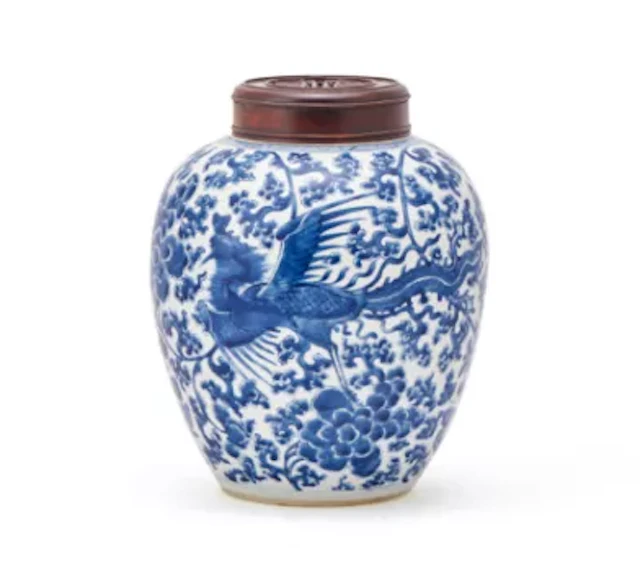 A large blue and, white ‘phoenix and peony’ jar