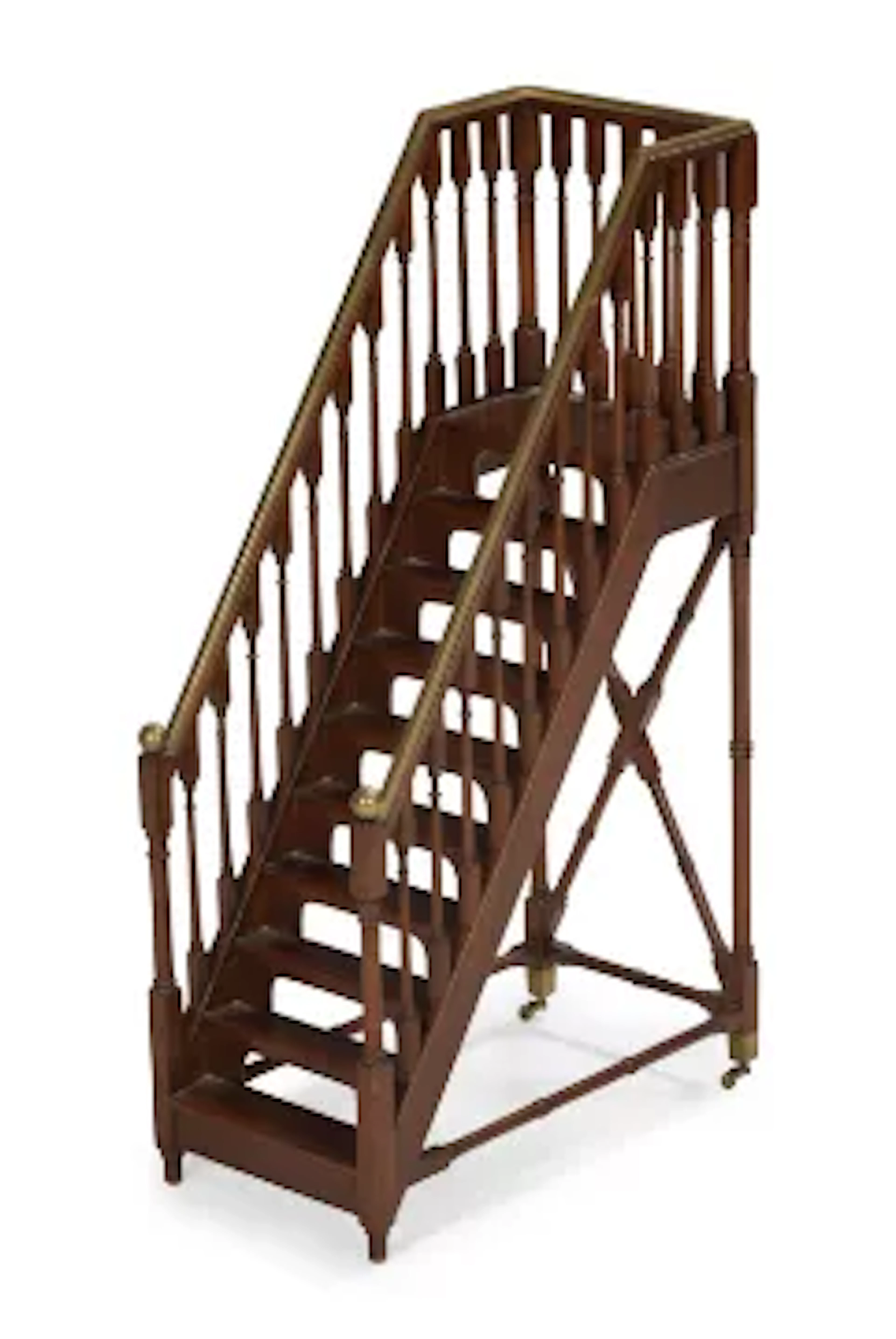 AN ARCHITECTURAL MINIATURE MAHOGANY AND BRASS MOUNTED LIBRARY STAIRCASE