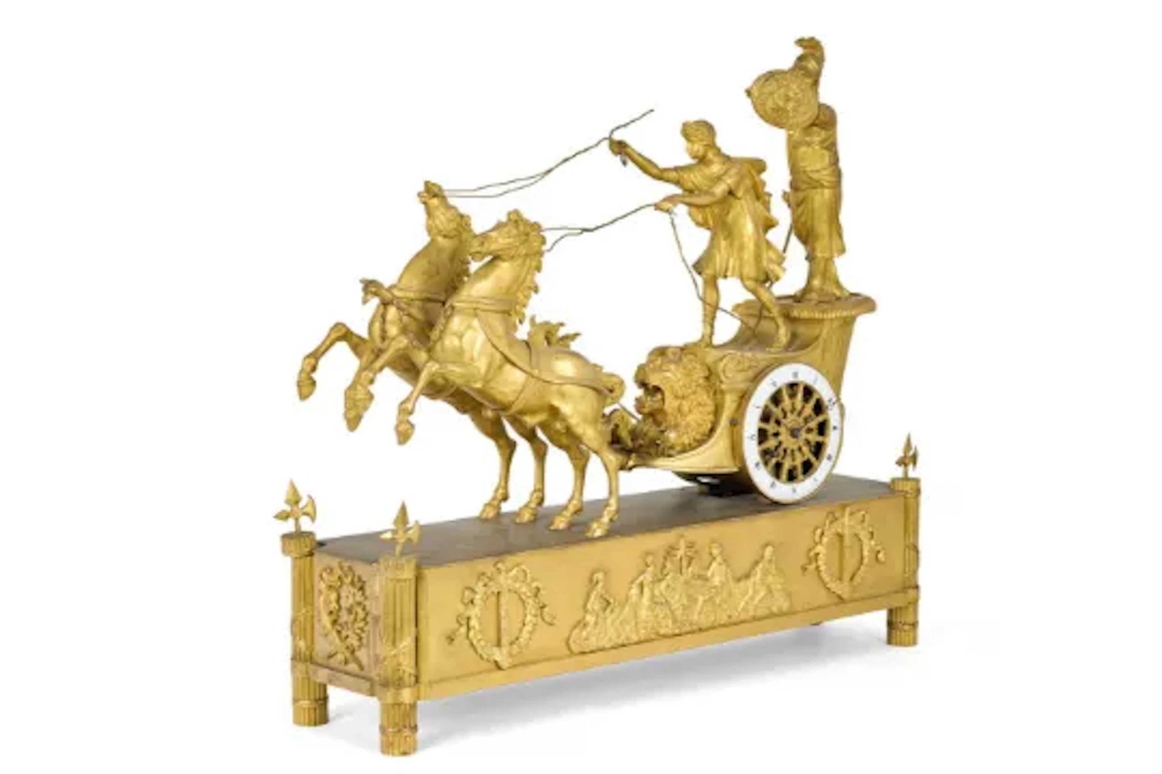 A FRENCH EMPIRE ORMOLU FIGURAL MANTEL CLOCK 'THE CHARIOT OF TELEMACHUS'
