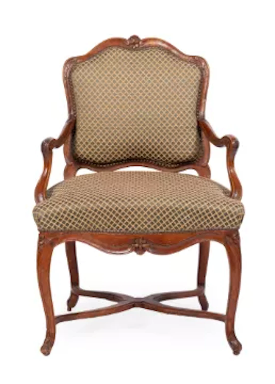 A GREEN AND GILT DIAPER PATTERN UPHOLSTERED BEECH OPEN ARMCHAIR, FRENCH