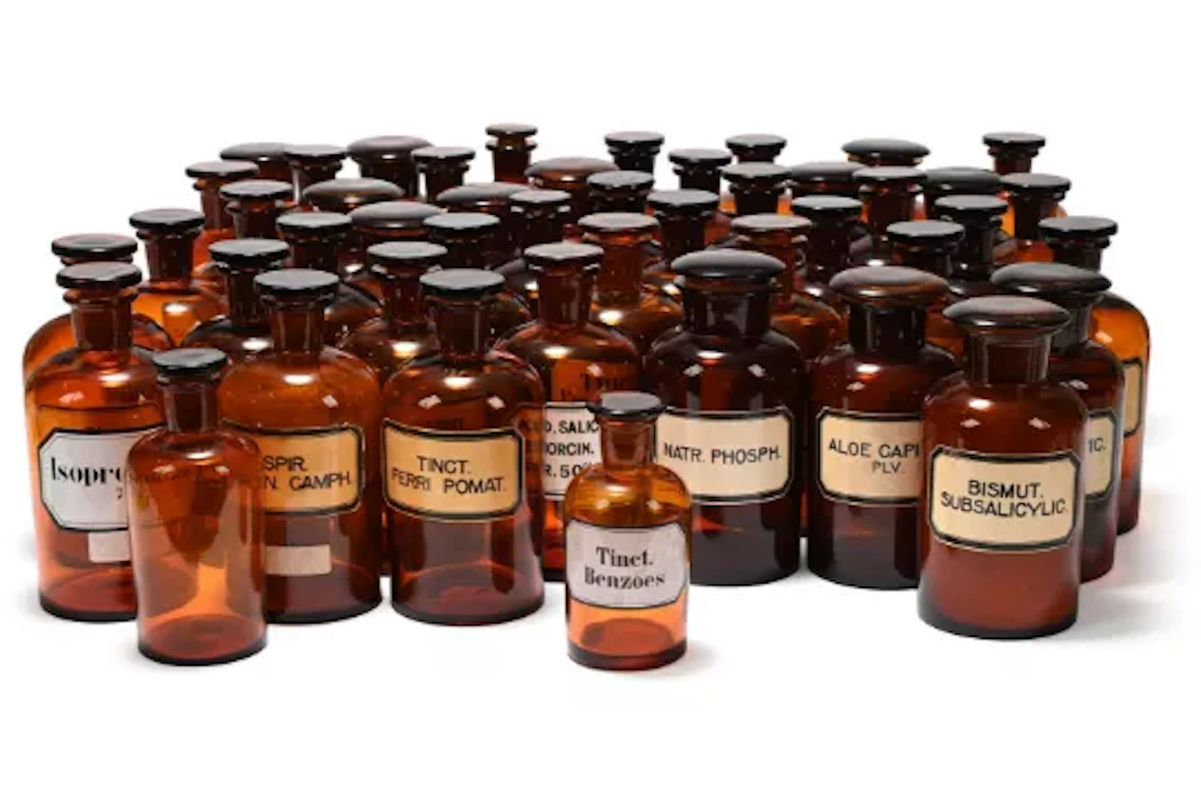 A GROUP OF FORTY FIVE FRENCH BROWN GLASS APOTHECARY BOTTLES, LAST
