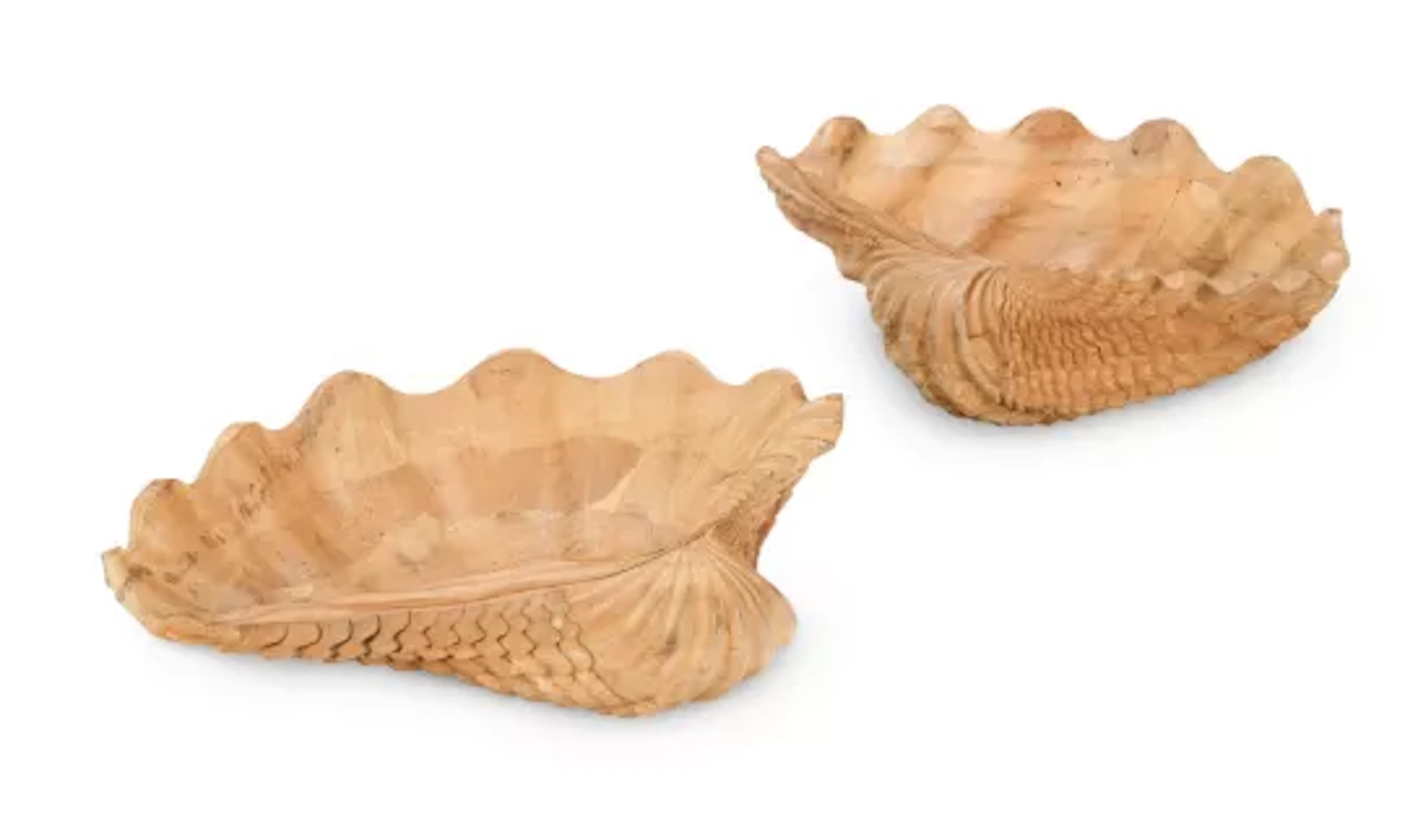 TWO CARVED WOOD MODELS OF GIANT CLAM SHELLS, MODERN