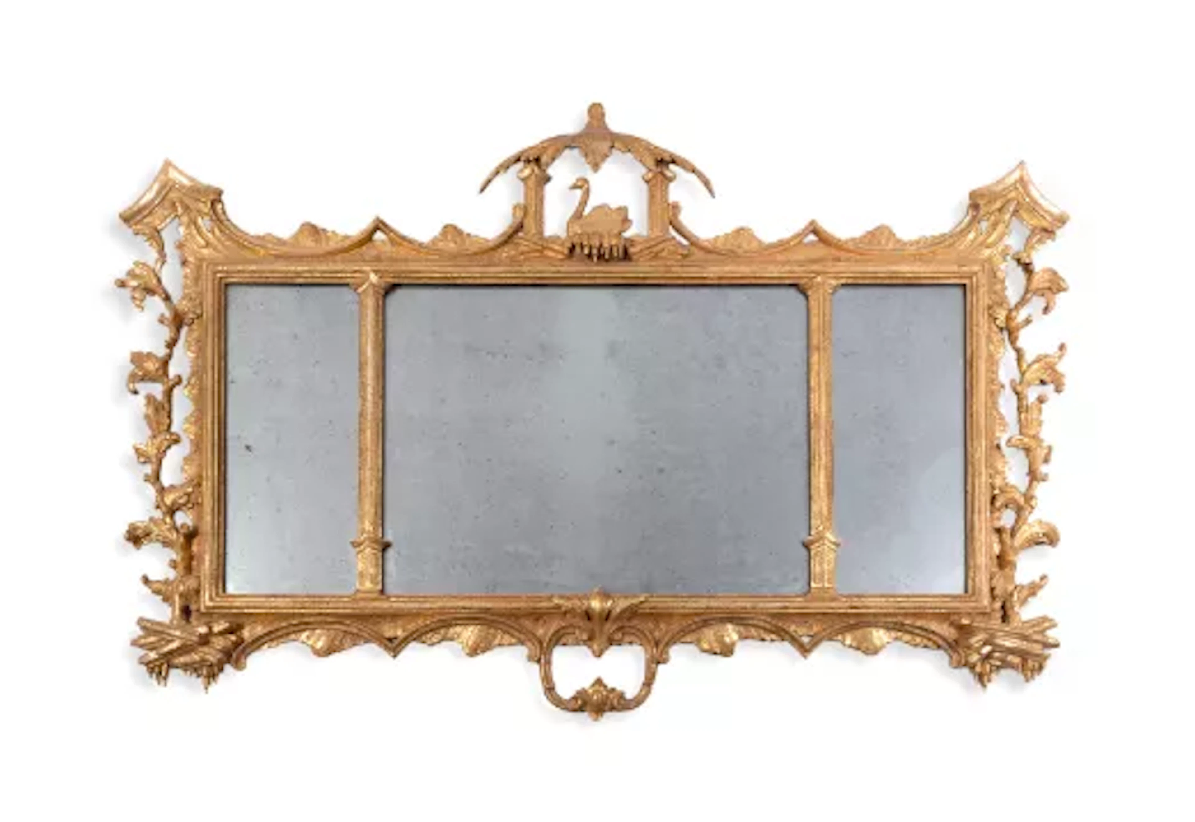 A CARVED AND GILT TRIPLE PLATE OVERMANTEL MIRROR, IN GEORGE III STYLE