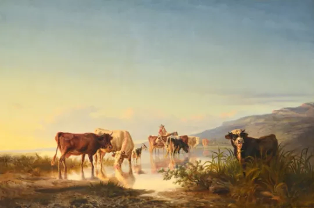 CHARLES HUMBERT (SWISS 1813-1881), CATTLE WATERING