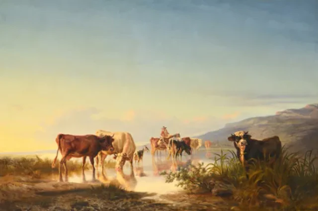 CHARLES HUMBERT (SWISS 1813-1881), CATTLE WATERING