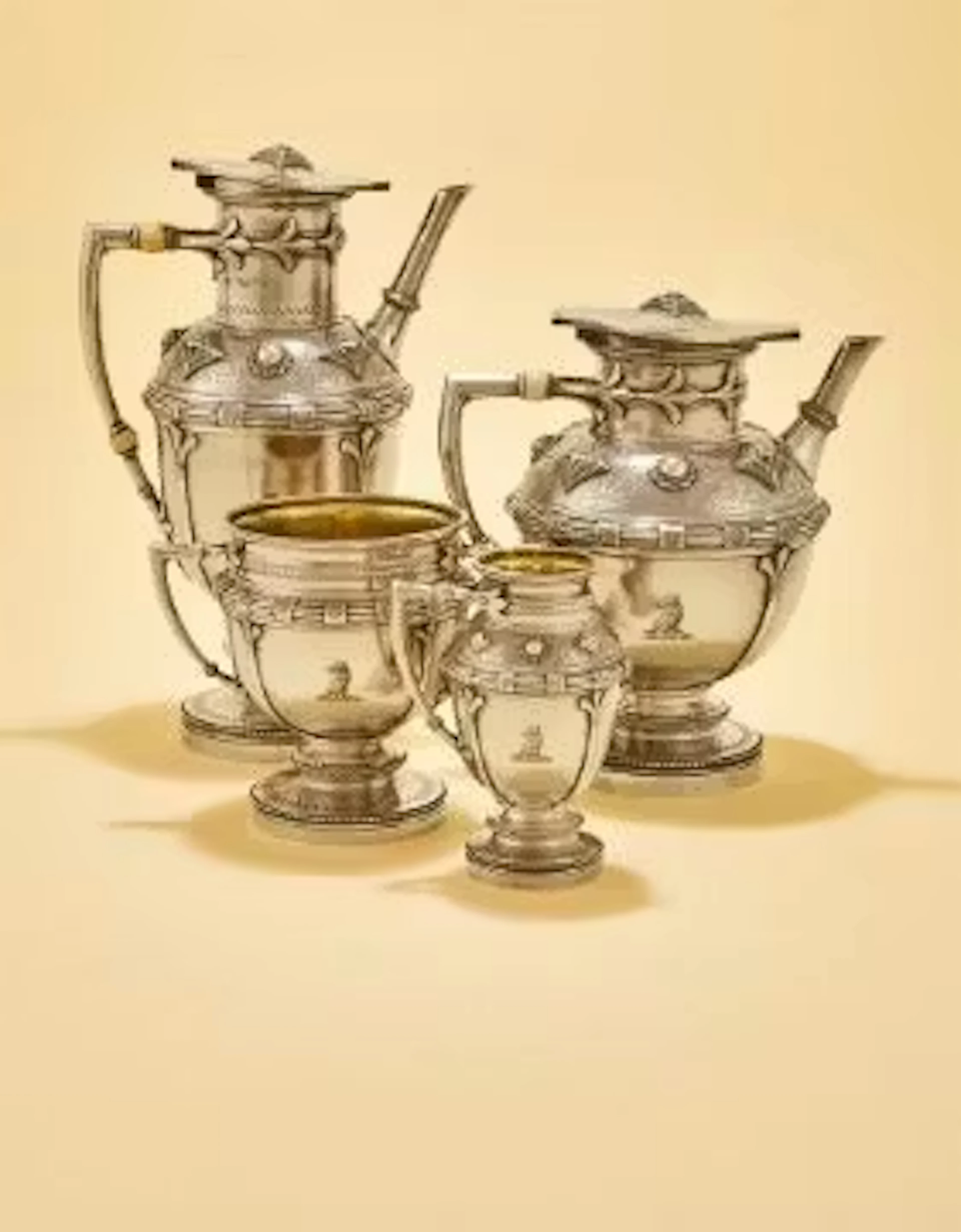 Y A VICTORIAN SILVER FOUR PIECE GOTHIC STYLE COFFEE SET