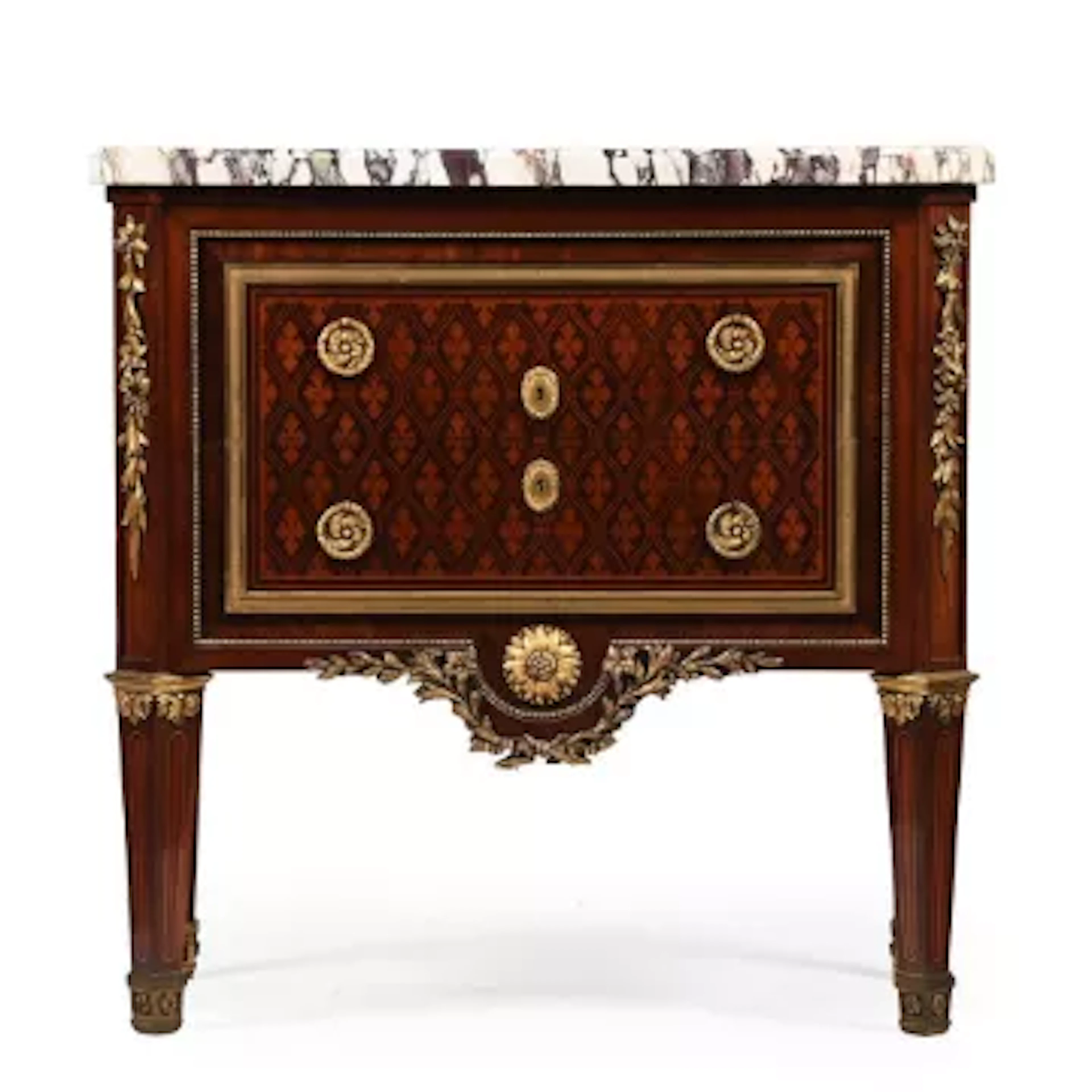 A FRENCH MAHOGANY, PARQUETRY AND BRECHE VIOLETTE COMMODE, BY EUGENE