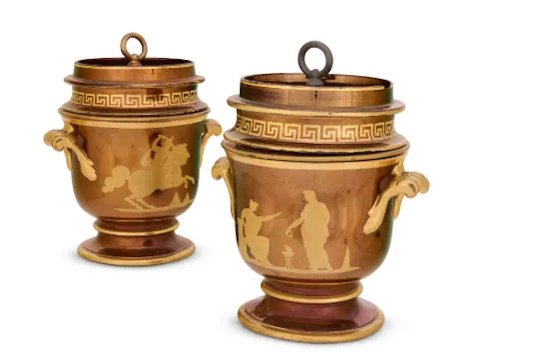 A PAIR OF STAFFORDSHIRE RED-POTTERY COPPER-LUSTRE ICE-PAILS, COVERS