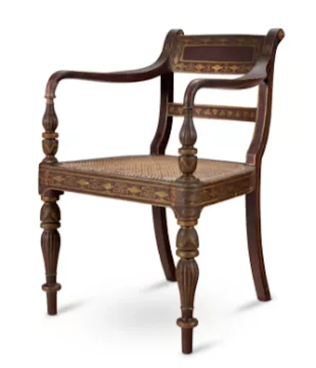 AN INDIAN RED AND GILT JAPANNED ARMCHAIR, PROBABLY BAREILLY, EARLY 19TH CENTURY