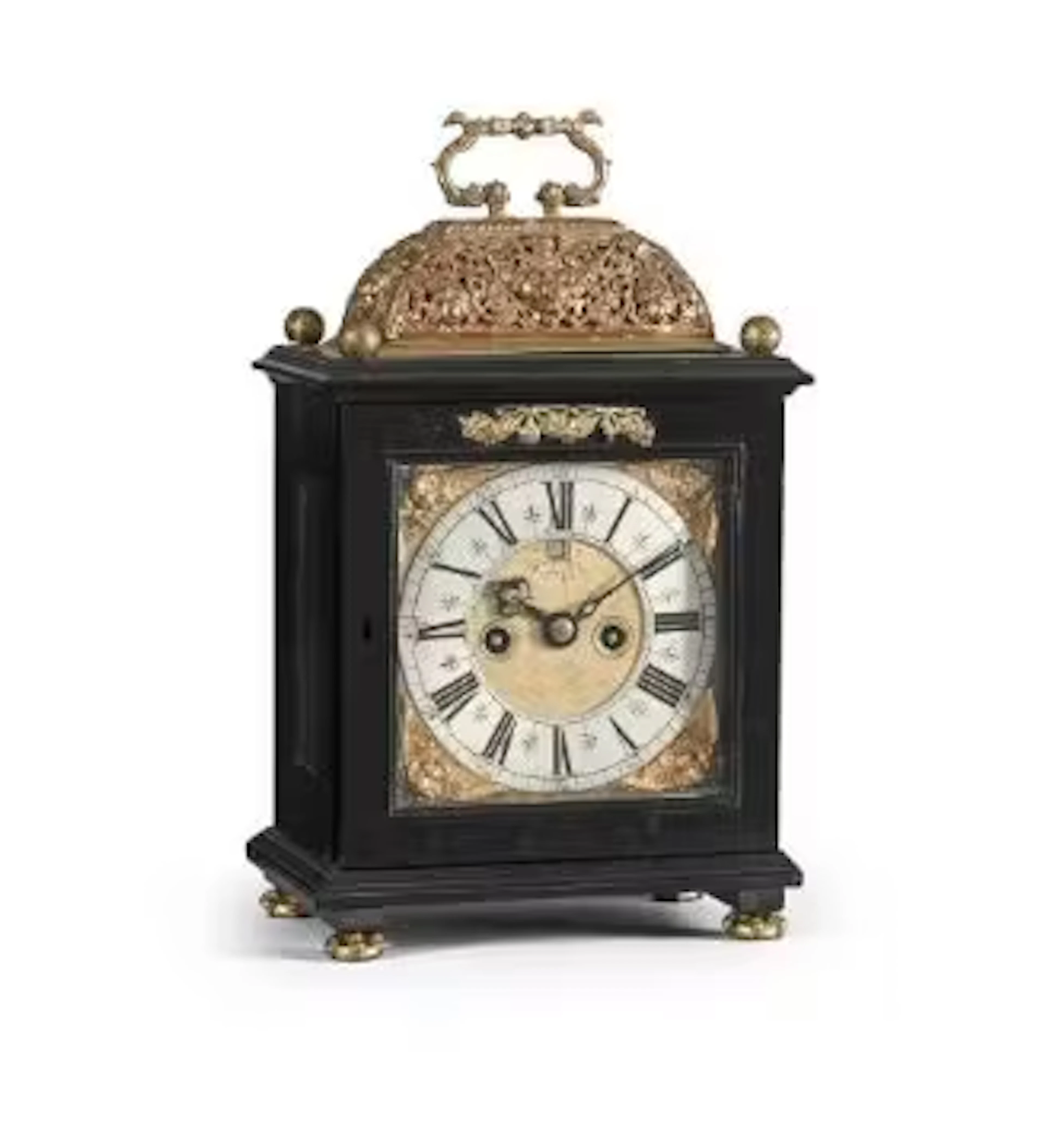 Y A WILLIAM AND MARY EBONY AND GILT BRASS ‘BASKET-TOP’ TABLE CLOCK
