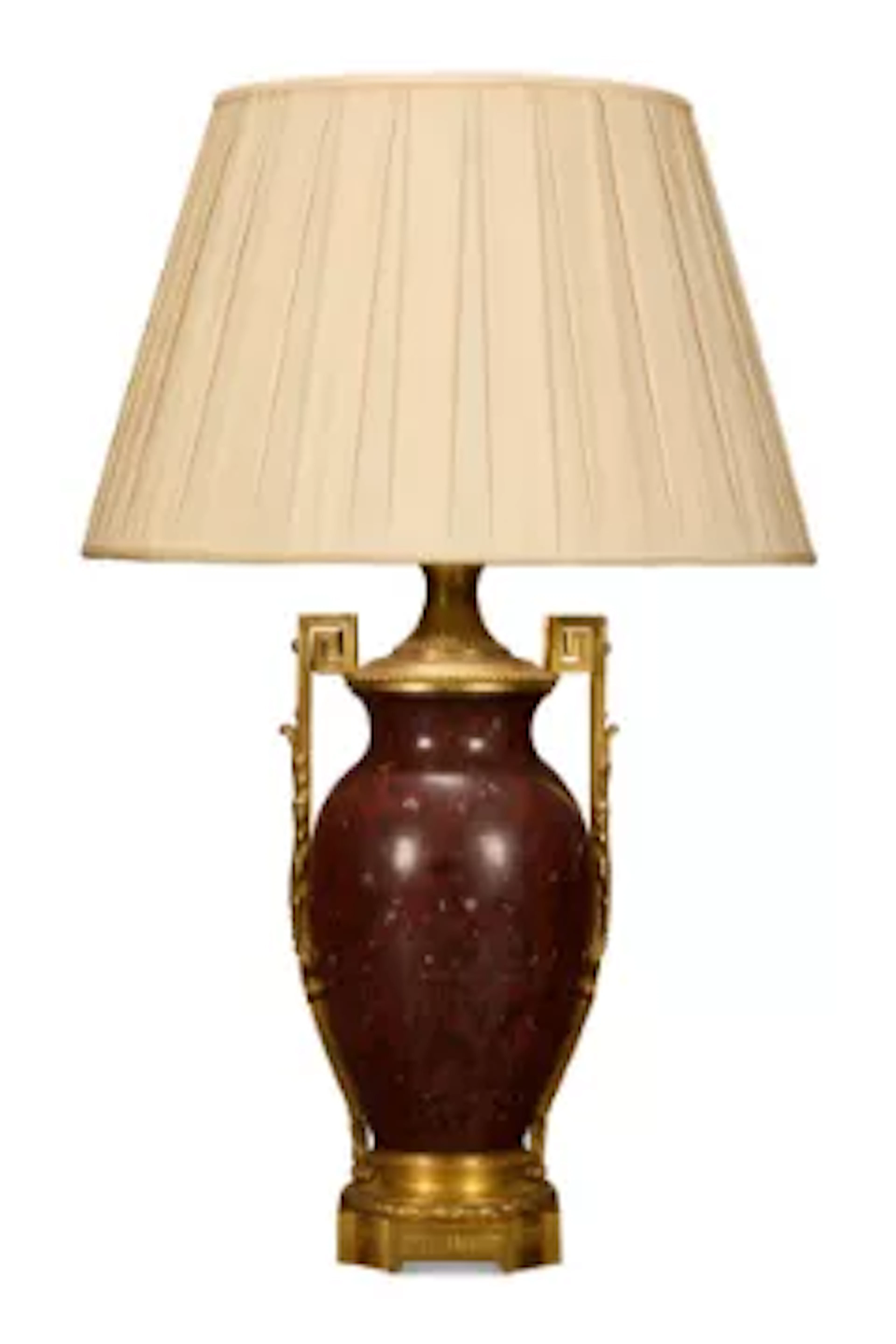 A LARGE FRENCH GILT BRONZE MOUNTED SOLID ROUGE GRIOTTE TABLE LIGHT