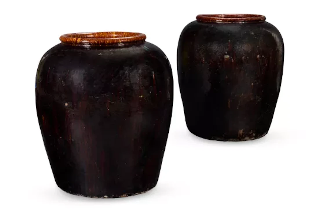 A LARGE PAIR OF SOUTH EAST ASIAN BROWN GLAZED VASES