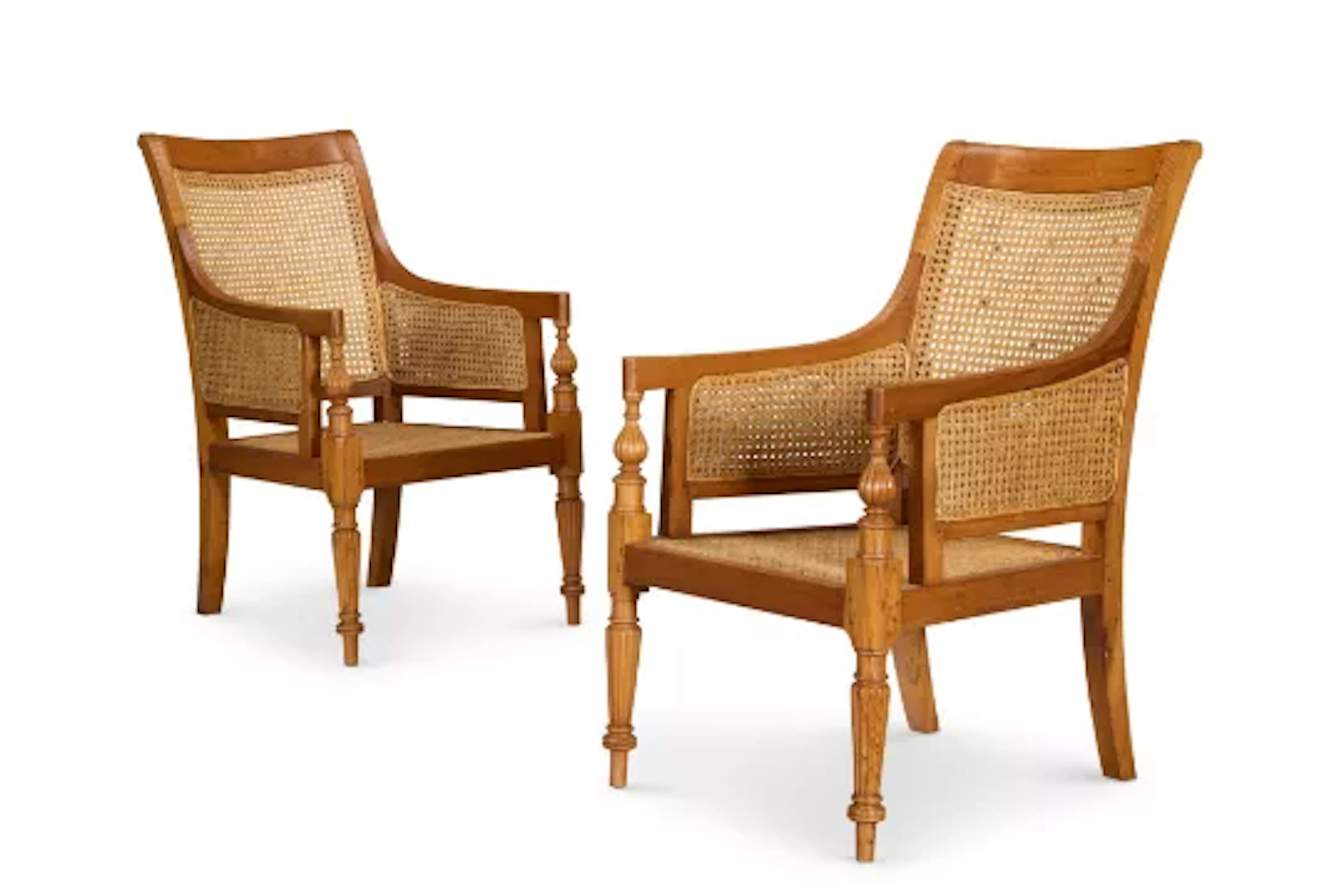 A PAIR OF REGENCY STYLE TEAK AND CANED LIBRARY ARMCHAIRS, INDIAN, MODERN
