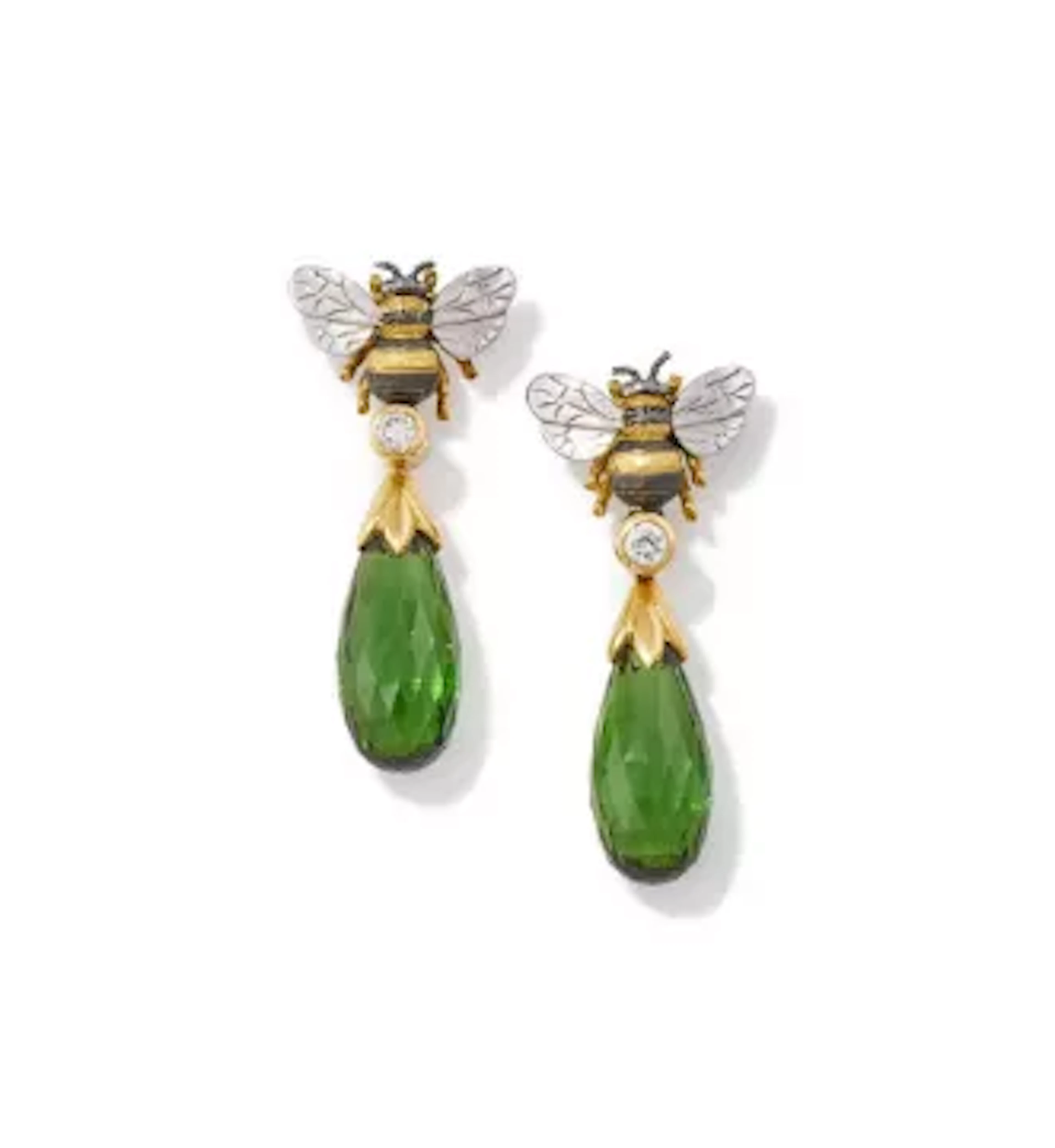 THEO FENNELL, A PAIR OF TOURMALINE AND DIAMOND 'BEE' DROP EARRING
