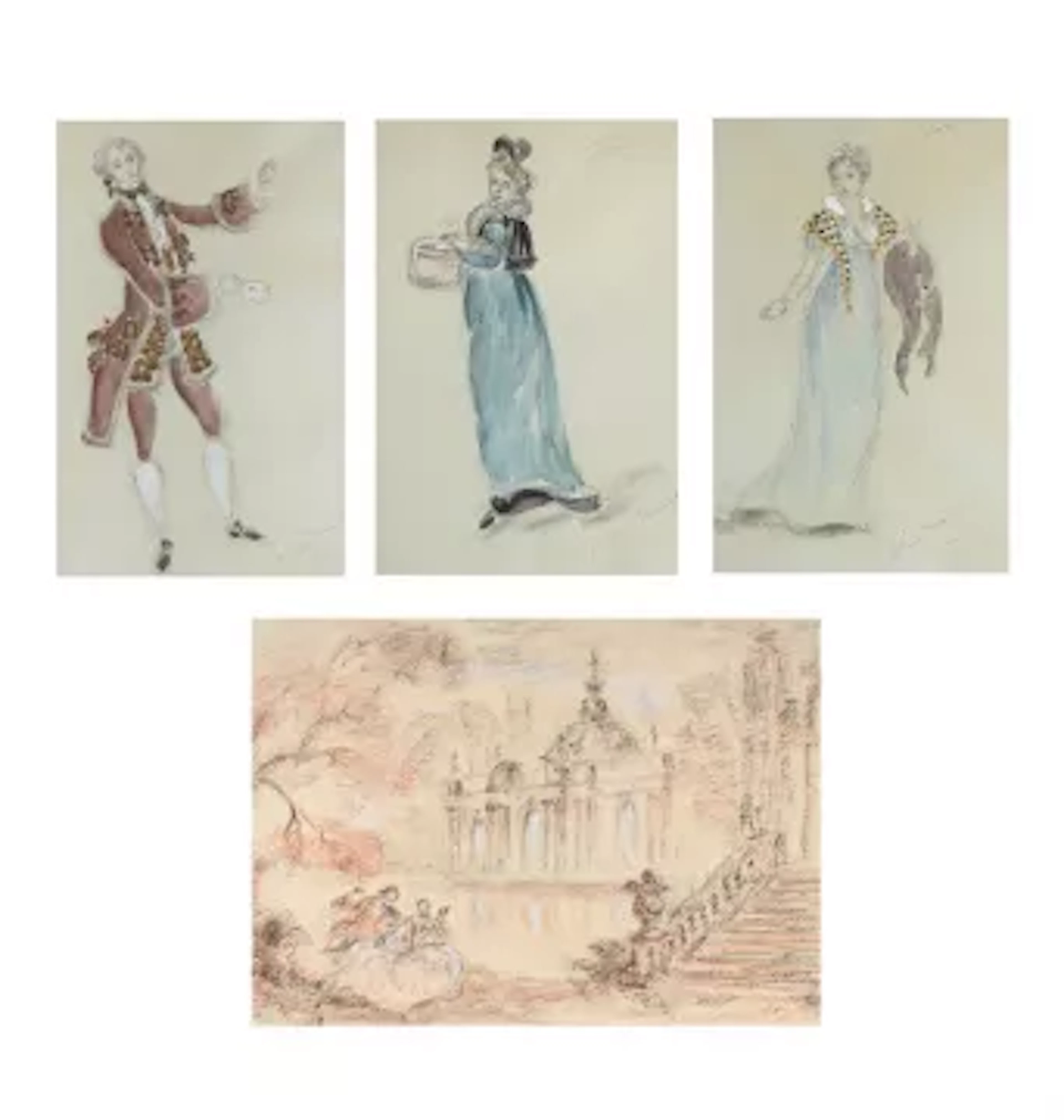 λ OLIVER MESSEL (BRITISH 1904-1978), THREE COSTUME AND ONE SET DESIGN