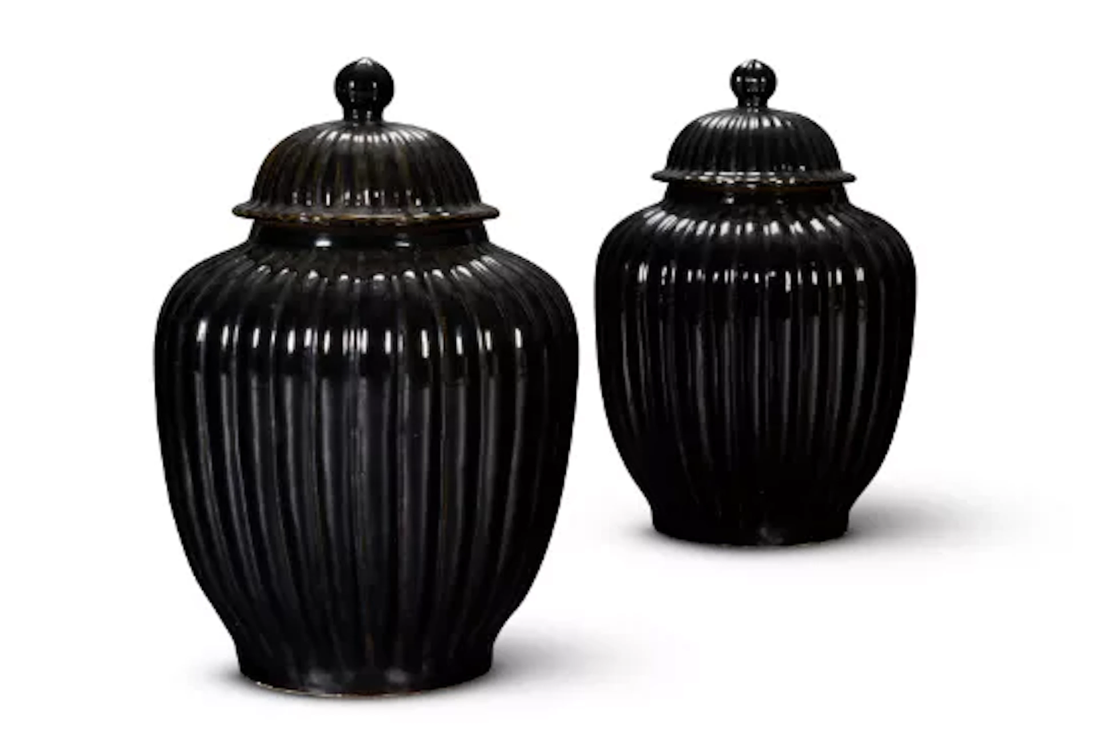 A LARGE PAIR OF CHINESE DARK BROWN GLAZED FLUTED VASES, MODERN