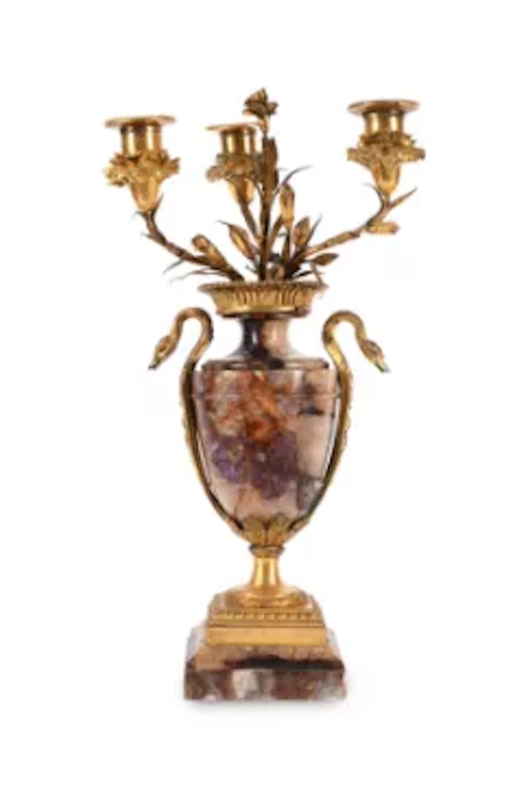 AN ORMOLU, MOUNTED BLUE JOHN THREE LIGHT CANDELABRUM, 19TH CENTURY
