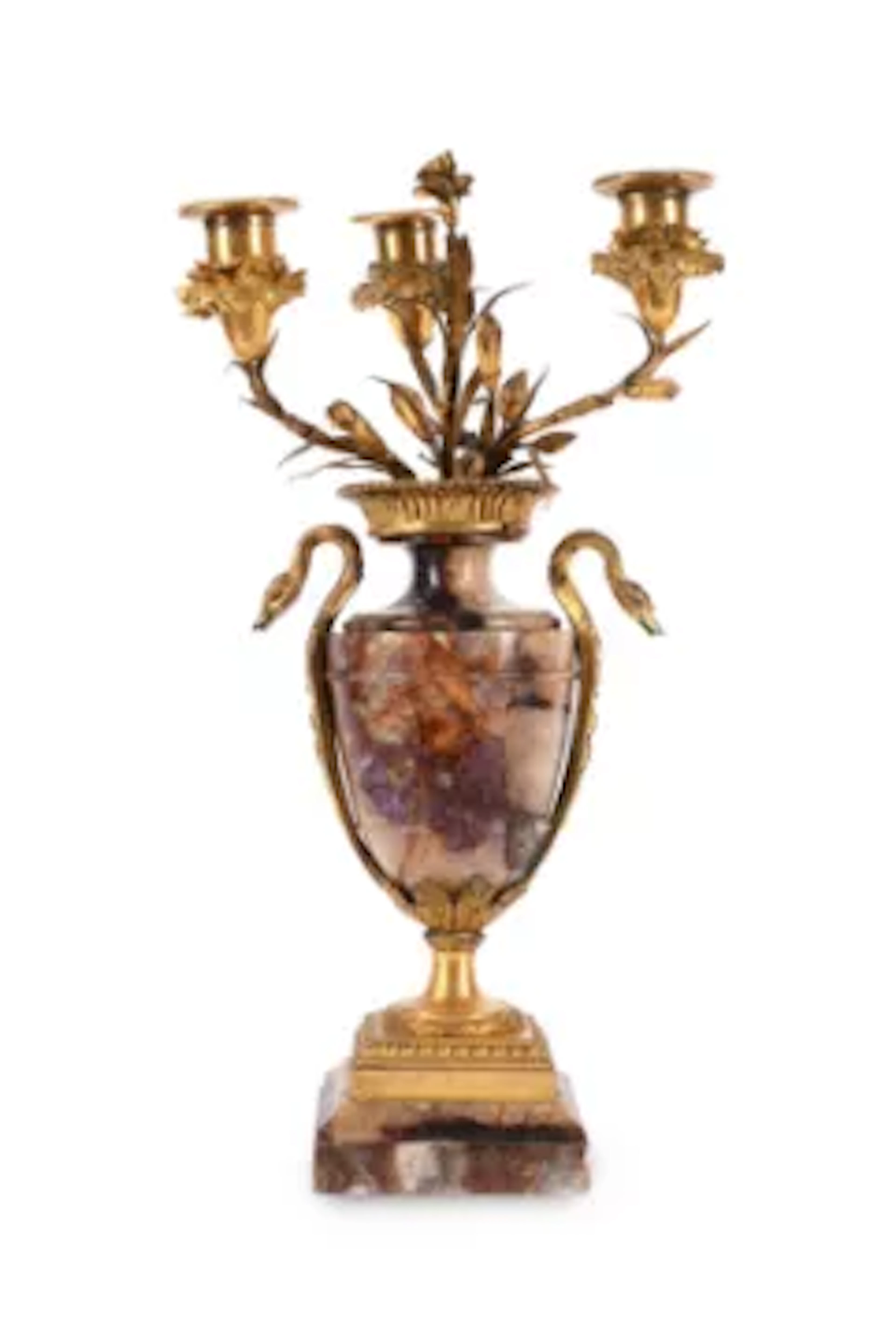 AN ORMOLU, MOUNTED BLUE JOHN THREE LIGHT CANDELABRUM, 19TH CENTURY