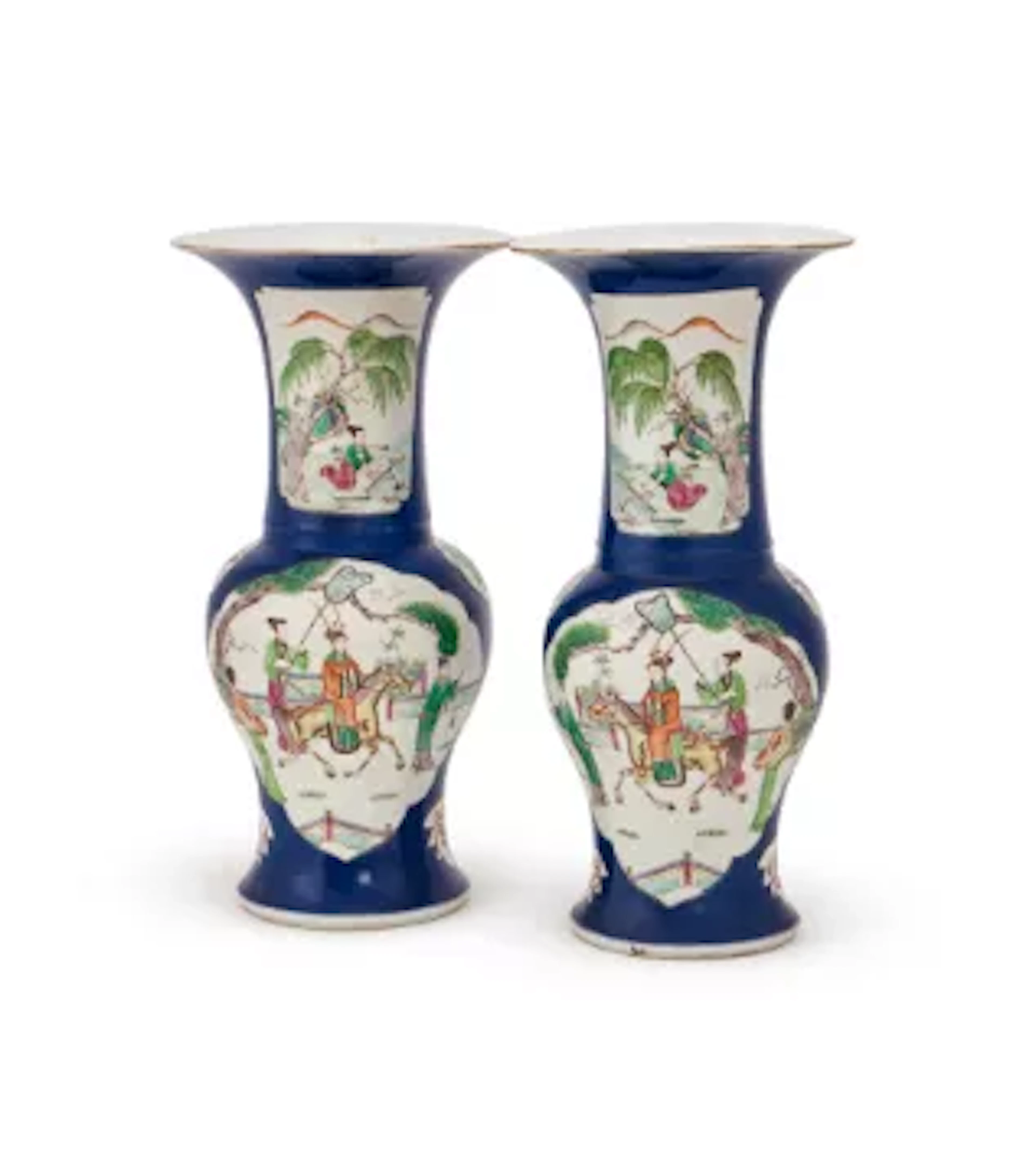 A pair of Chinese powder blue 'Phoenix Tail' vases, Qing dynasty, 19th century