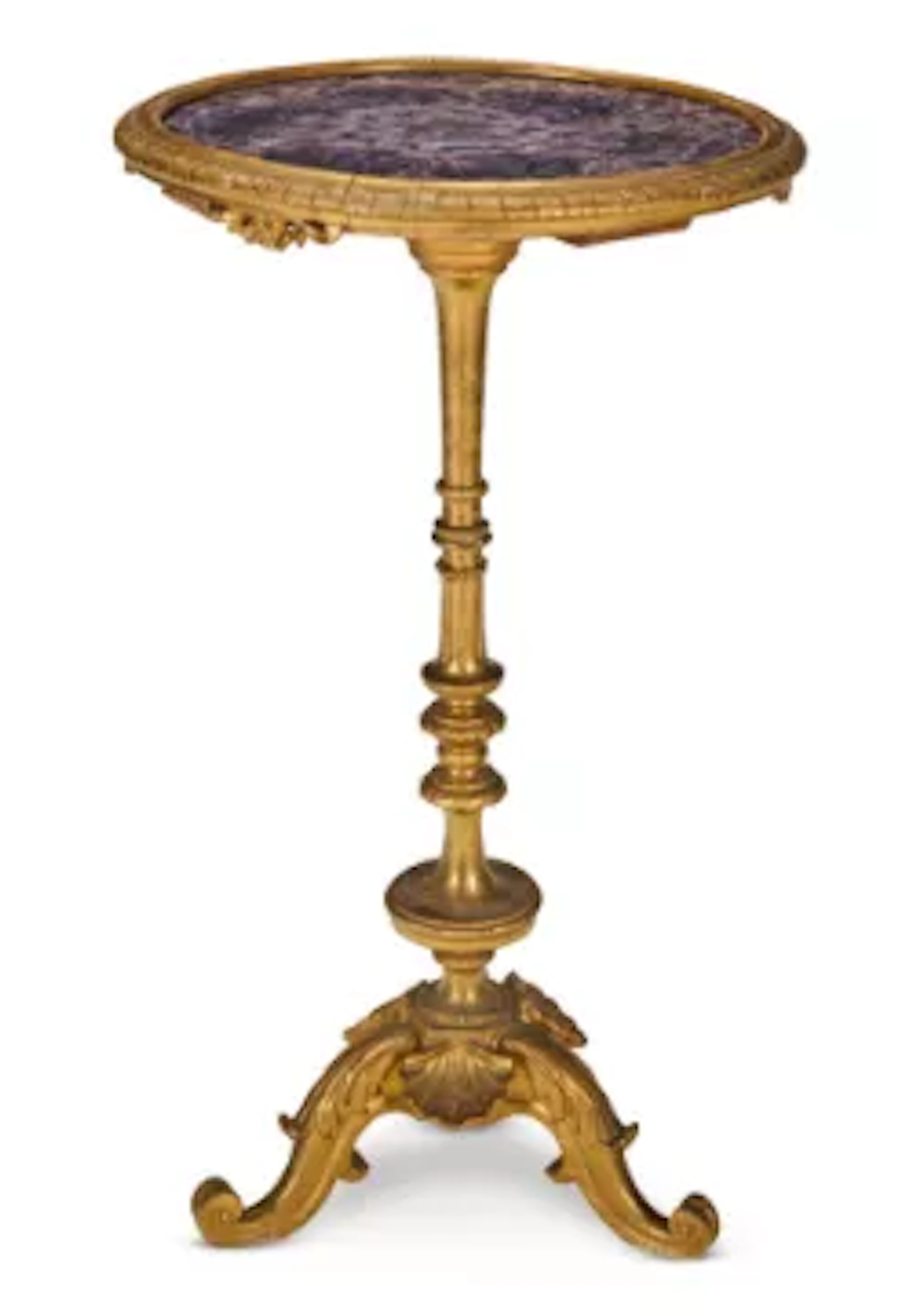 A VICTORIAN GILTWOOD AND AMETHYST TRIPOD TABLE, THE TABLE SECOND HALF