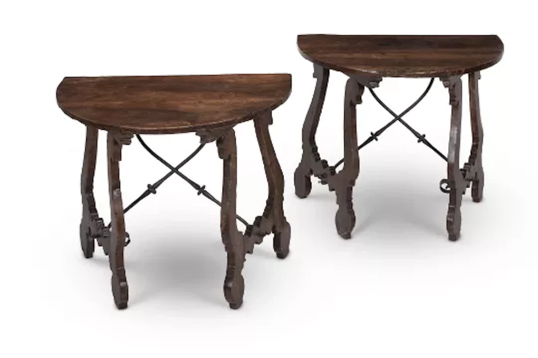 A PAIR OF WALNUT D SHAPED SIDE TABLES, SPANISH OR ITALIAN, 18TH CENTURY