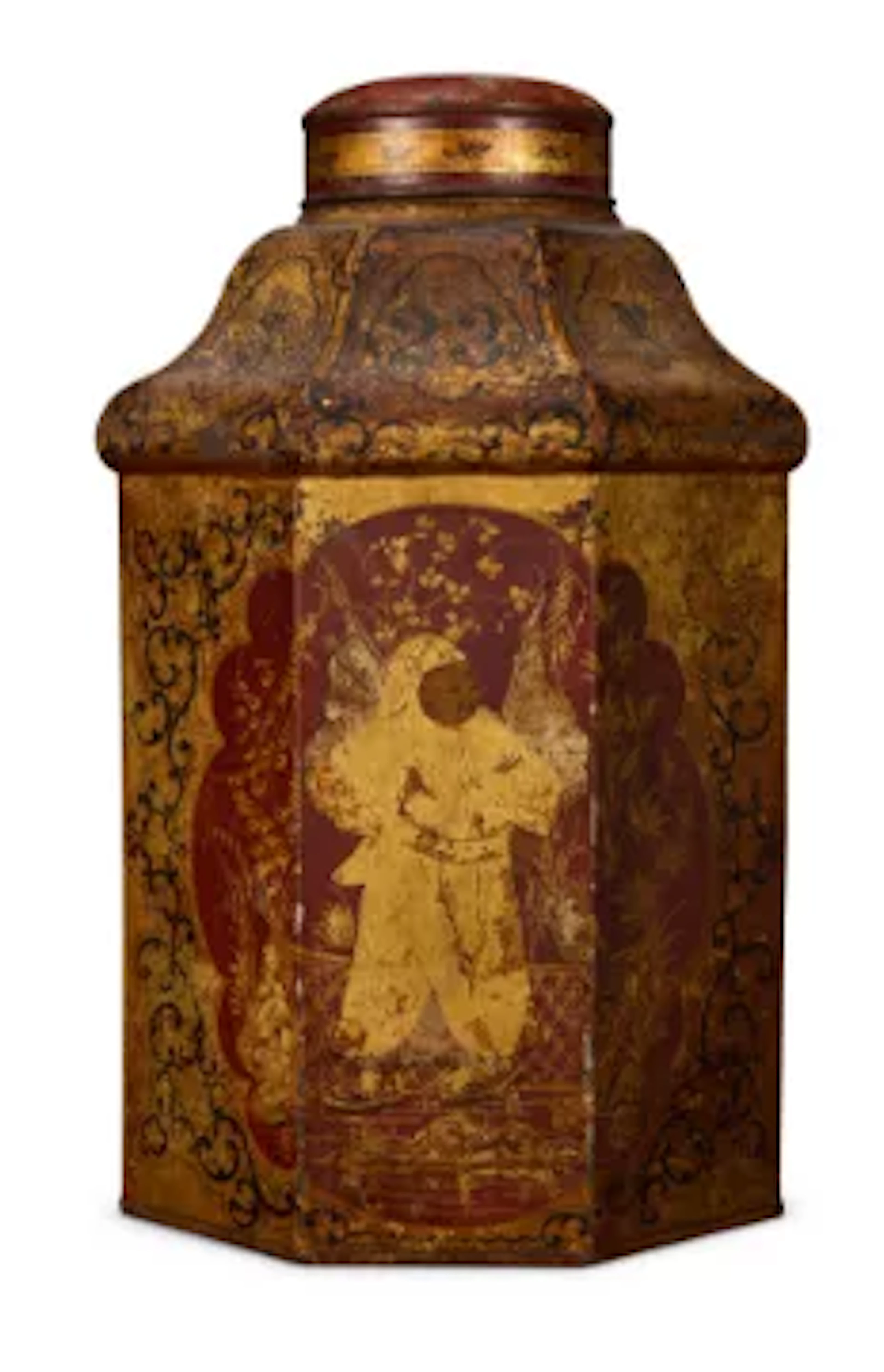 A VICTORIAN CRIMSON AND GILT JAPANNED TEA CANISTER IN THE REGENCY