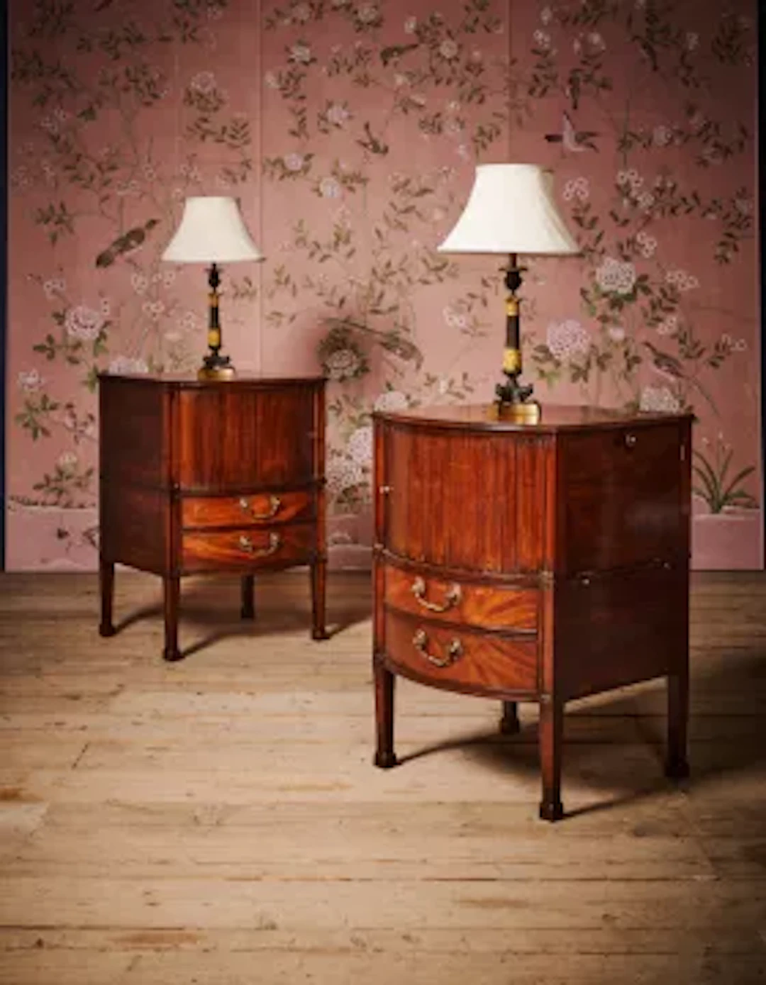 A FINE AND RARE PAIR OF GEORGE III MAHOGANY BOWFRONT BEDSIDE CUPBOARDS