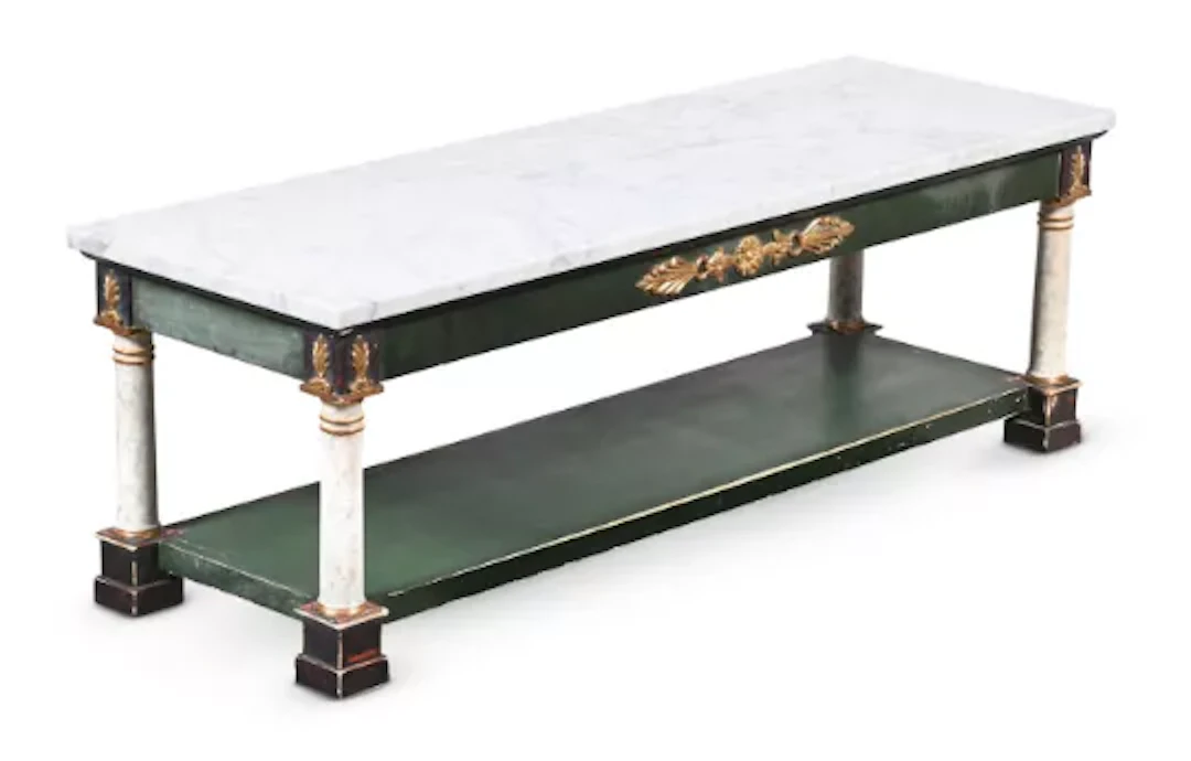 A MARBLE TOPPED RECTANGULAR COFFEE TABLE, EMPIRE STYLE, FRENCH, 20TH CENTURY
