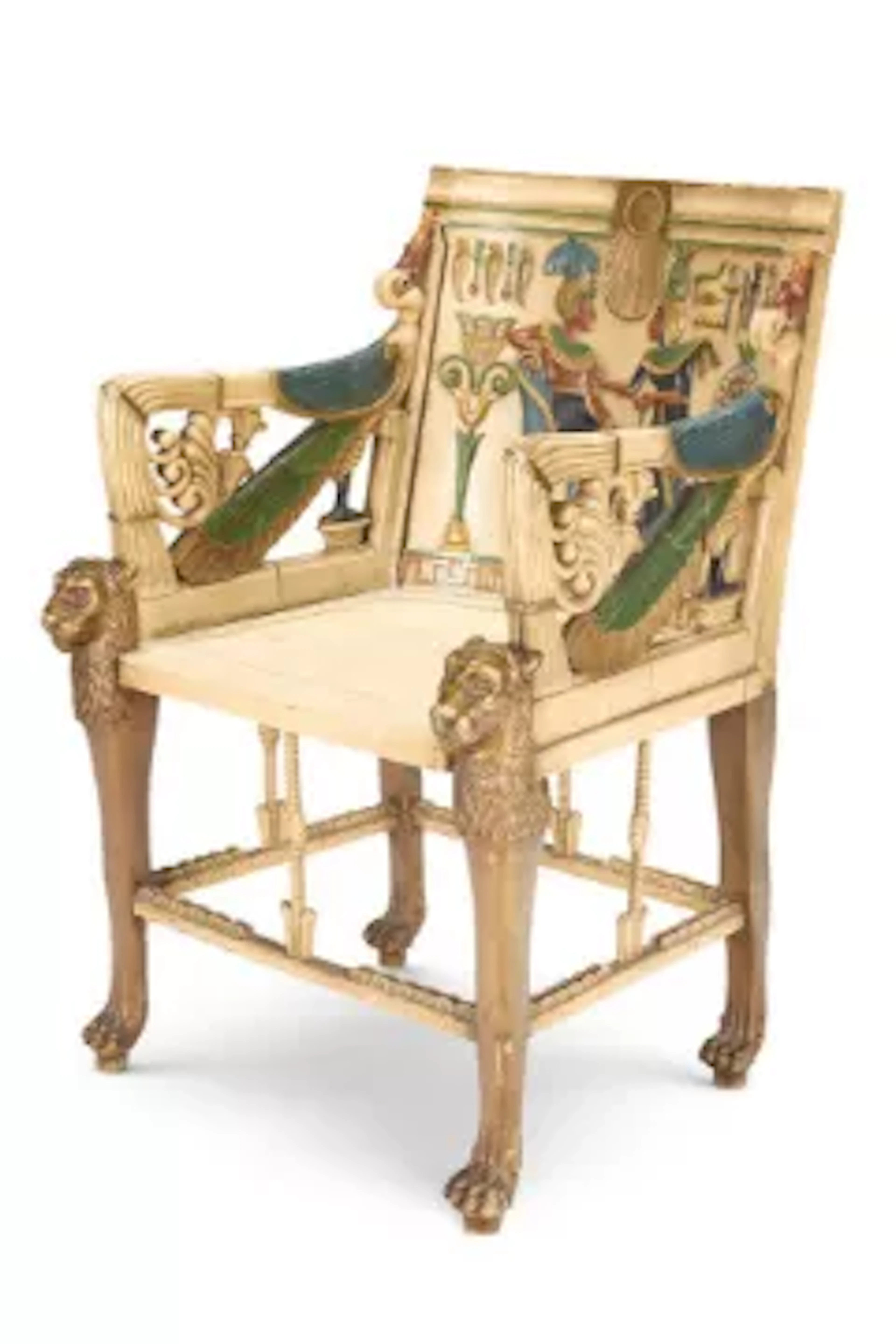 AN EGYPTIAN REVIVAL POLYCHROME PAINTED ARMCHAIR, EARLY 20TH CENTURY