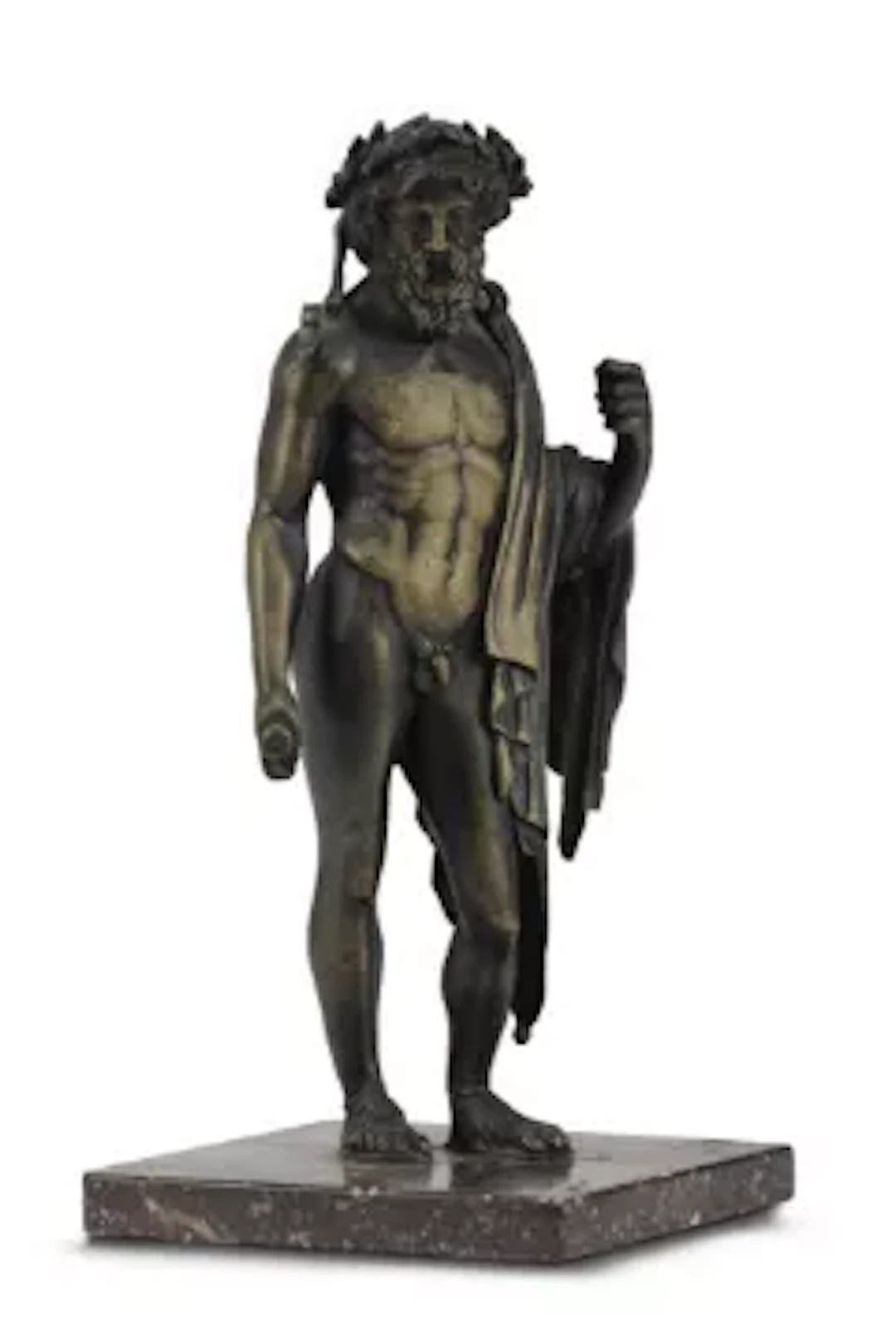 AFTER THE ANTIQUE, A SMALL BRONZE FIGURE OF ZEUS ON A PORPHYRY BASE