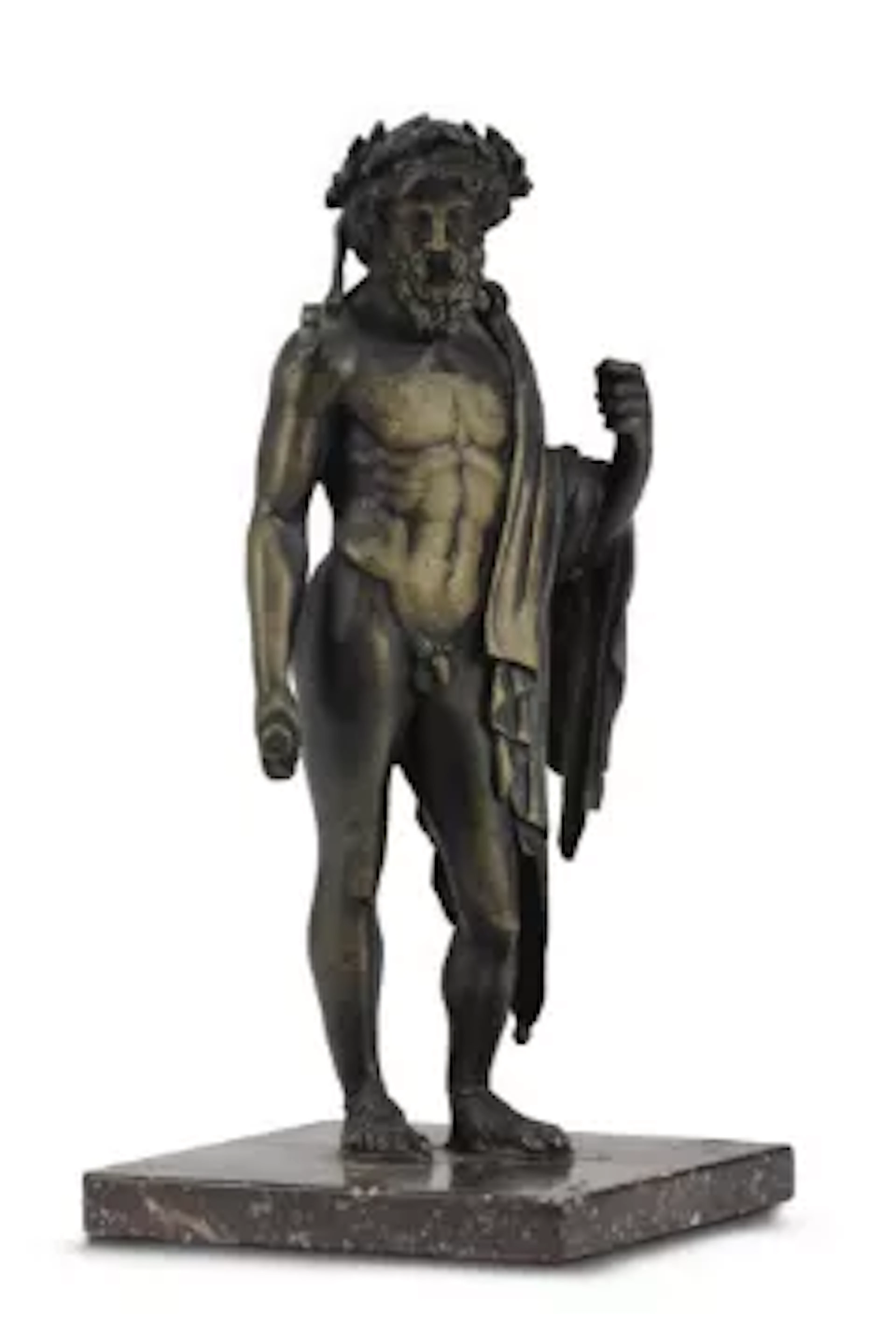 AFTER THE ANTIQUE, A SMALL BRONZE FIGURE OF ZEUS ON A PORPHYRY BASE