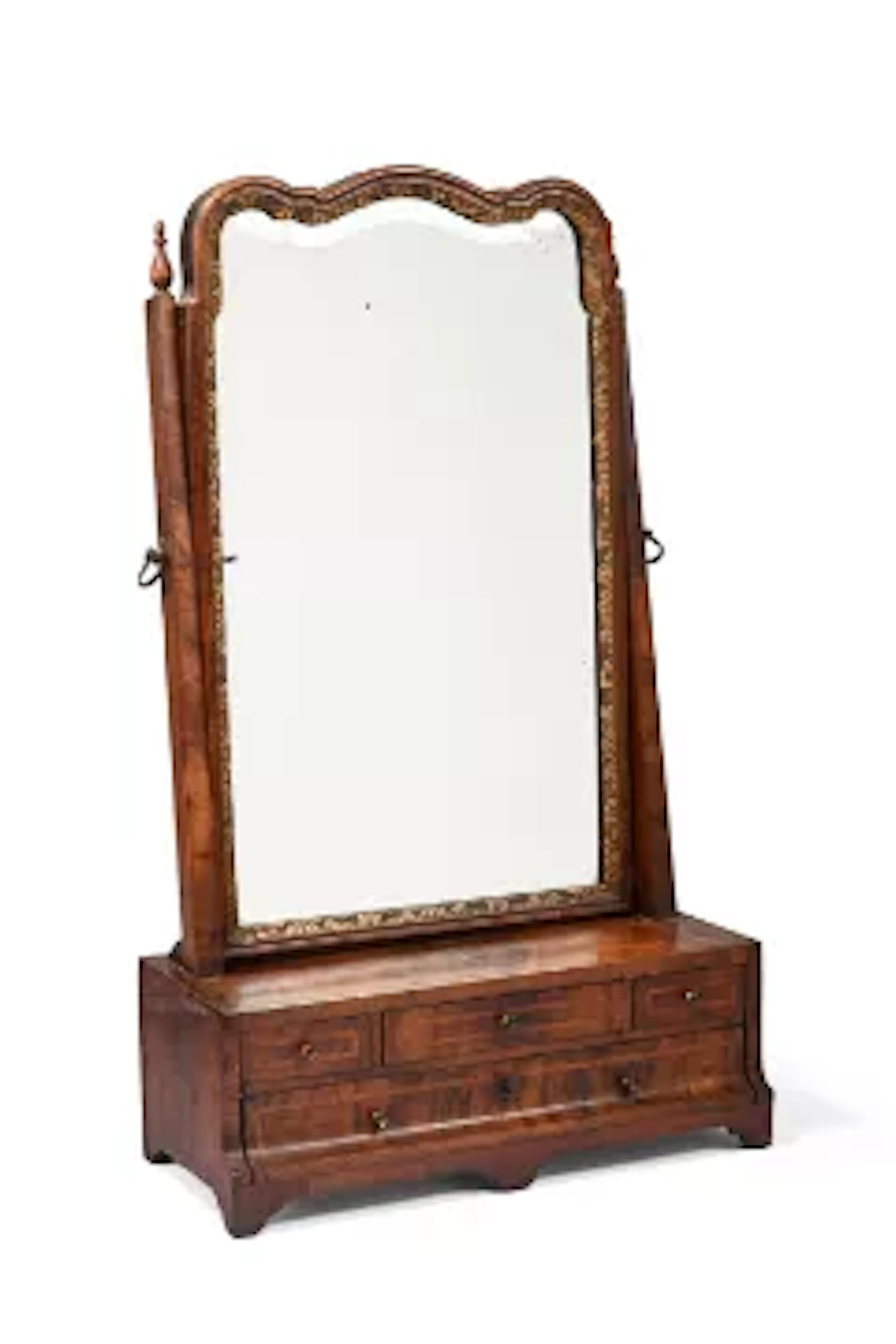 A GEORGE I FIGURED WALNUT AND PARCEL GILT DRESSING TABLE MIRROR, CIRCA 1720